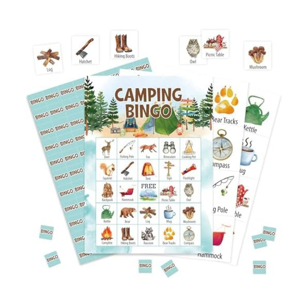 Camping Bingo Game, Nature Bingo Cards Set, Hike Field Trip Outdoor Activities Supplies for Adults, Family Friends Activities Favors Decorations for 24 Player, 01