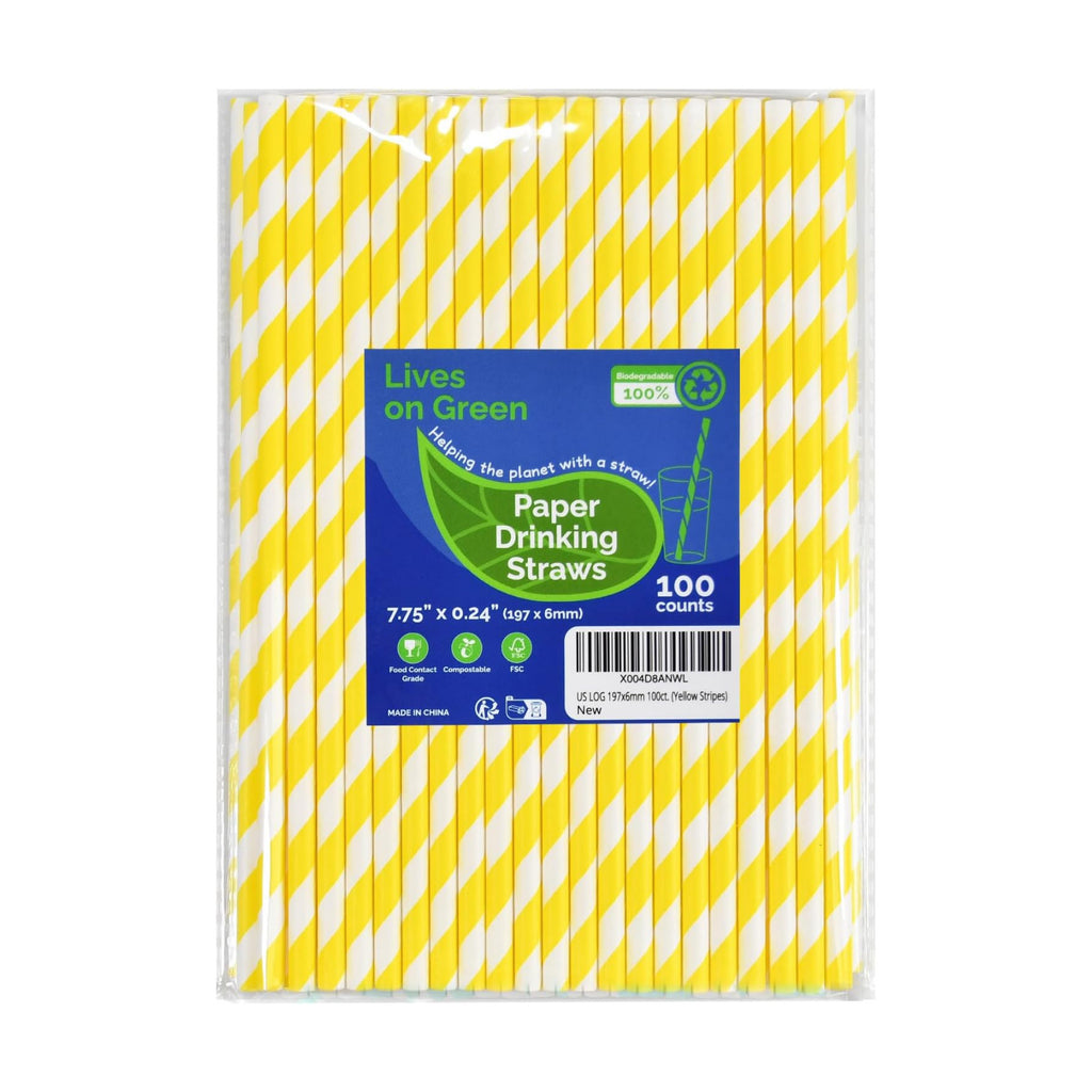7.75" Yellow White Striped Paper Drinking Straws, Lemonade Straws 100 ct