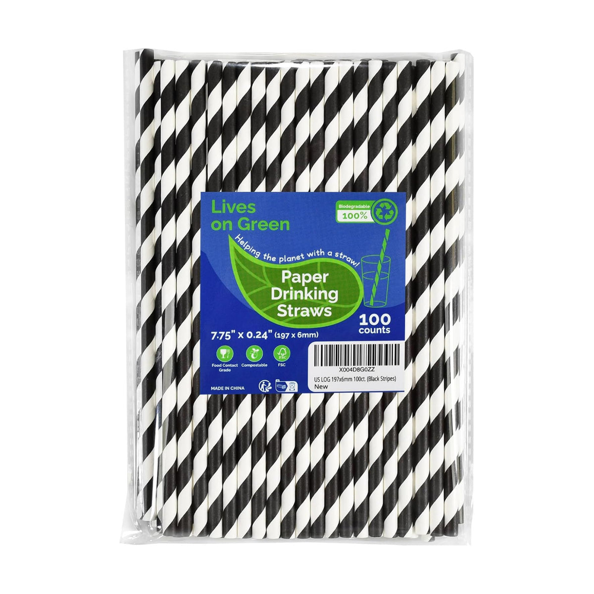 7.75" Black Straws, Black Striped Paper Drinking Straws Disposable 100 ct