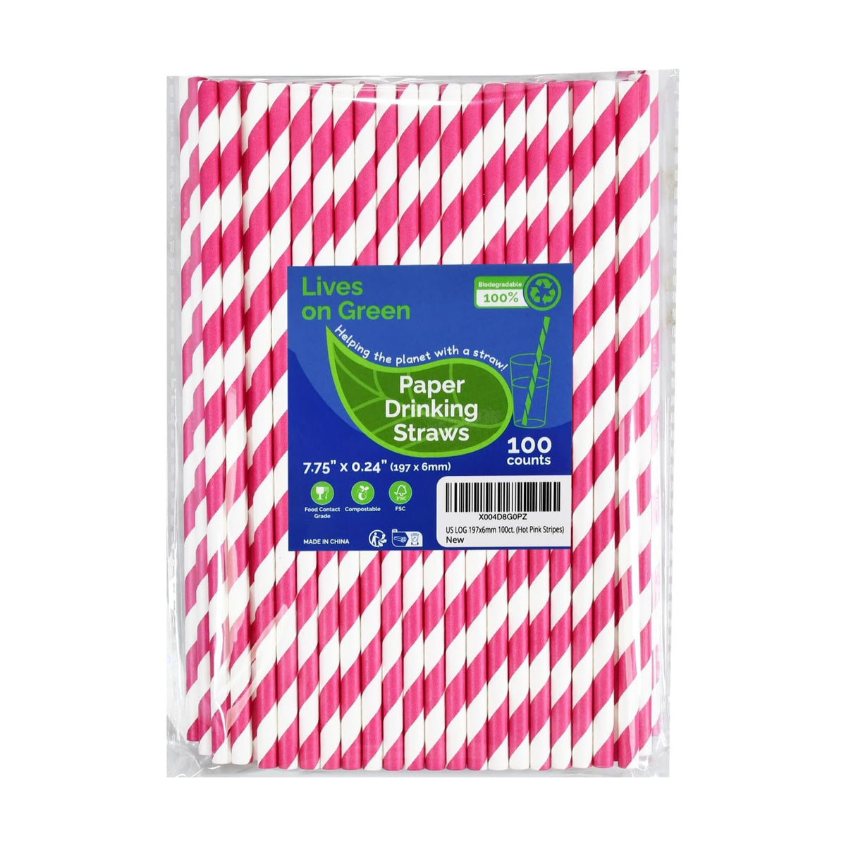 7.75 inch Hot Pink Striped Paper Straws for Drinking - Unwrapped, 100 Counts - for Party, Wedding, Cocktail, Beverage