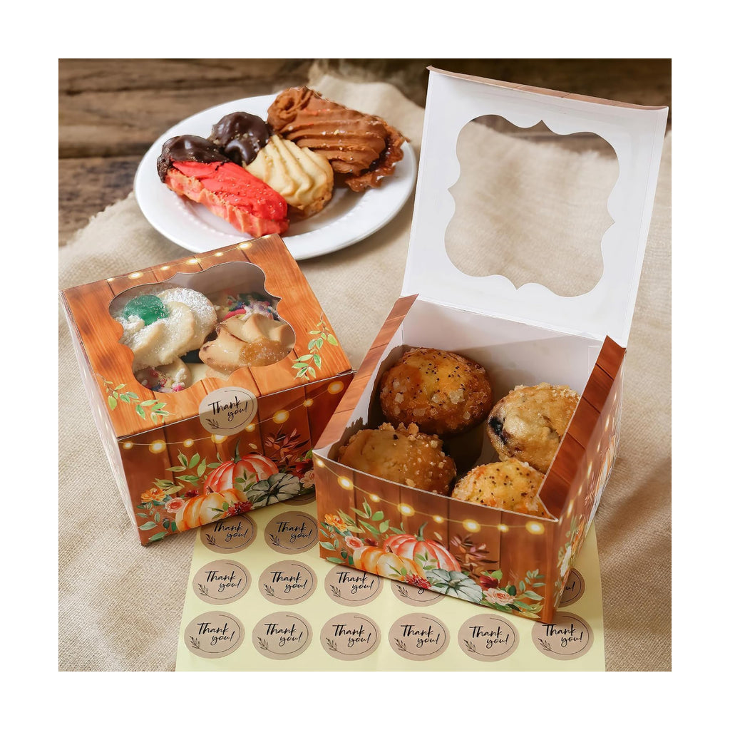 Fall Cookie Boxes with Window and Decorative Seal Sticker (Set of 30), Treat Boxes For Desserts, Party Favors For Guests