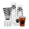 Whaline 50Pcs Paw Print Disposable Plastic Cups with Lids and Straws 12oz Dog Party Cups Black Cold Beverage Drinking Cups for Puppy Birthday Baby Shower Party Supplies