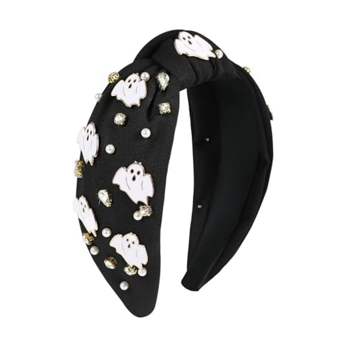 Halloween Ghost Headbands for Women Girls Spooky Beaded Crystal Rhinestone Knotted Headband Ghost Costume Hair Accessories Halloween Holiday Cosplay Party Favors
