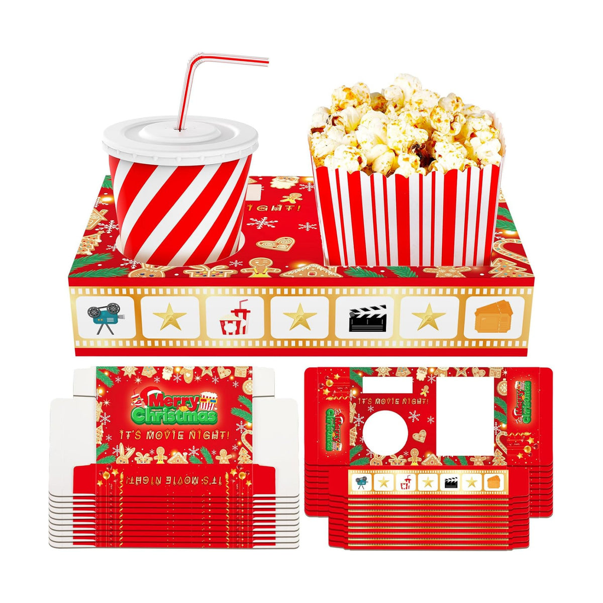 Dunzoom 20 Pcs Christmas Movie Night Supplies Movie Night Paper Snack Trays Popcorn Candy Holder Movie Theater Snack Boxes Cardboard Snack Holder Food Trays for Movie Party(Warm Christmas)