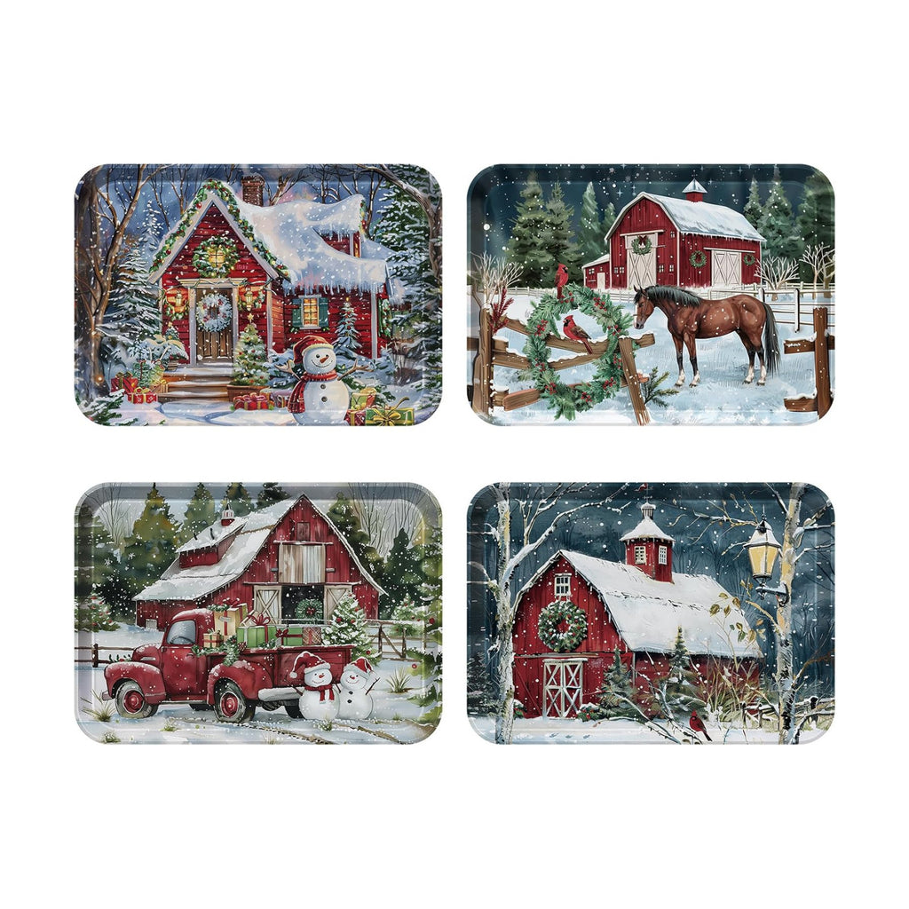 4-Piece 15 x 11 Inch Christmas Serving Tray Set, Melamine Reusable Platters with Red Barns, Snowmen, Horses, and Truck, Holiday Party Snack, Fruit, Dessert, and Candy Dishes