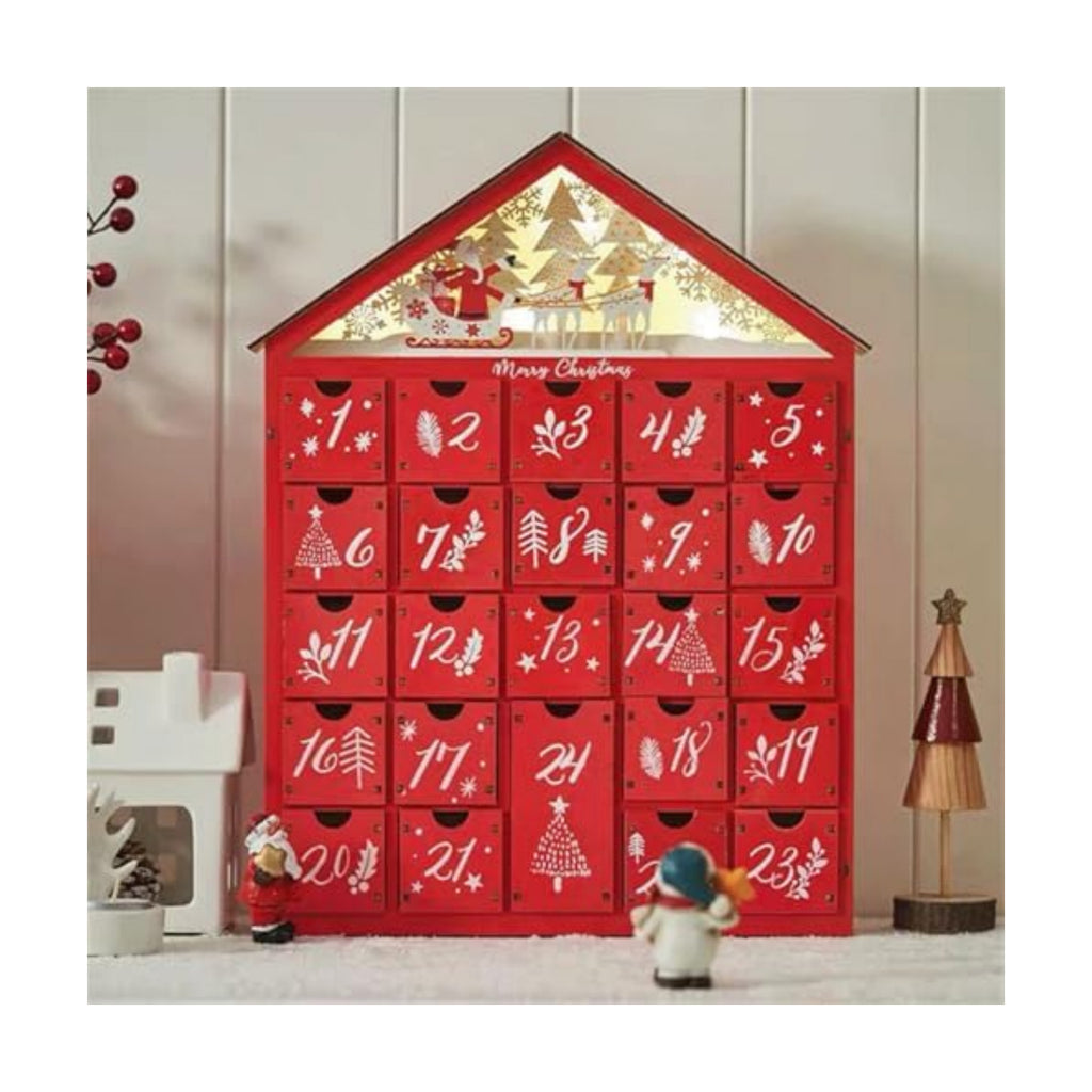 LYFJMUS Wooden Christmas Advent Calendar 2025 with 24 Storage Drawers Reusable Advent Calendar with LED Lights Countdown to Christmas Decoration for Kids