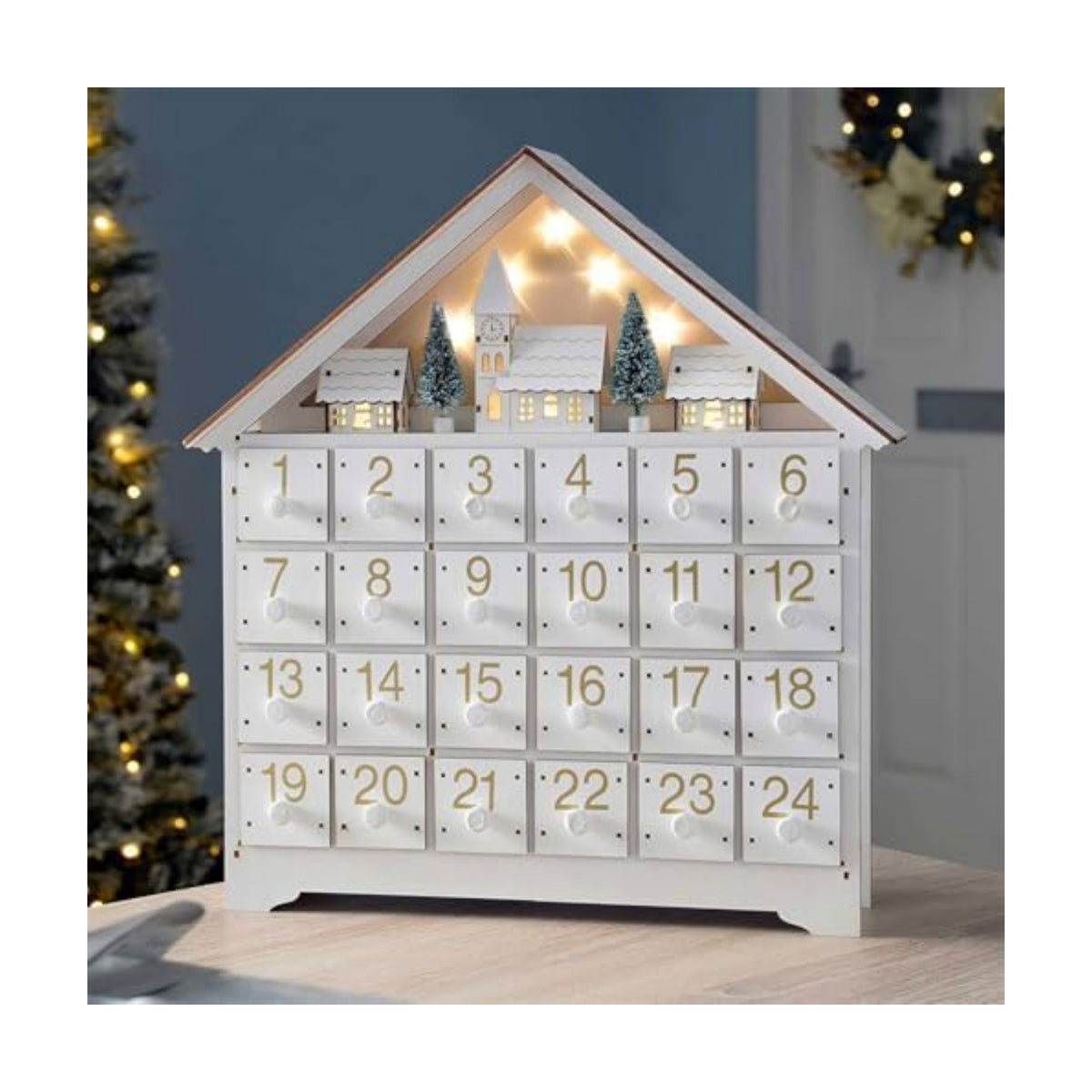 LYFJMUS Wooden Christmas Advent Calendar 2025 with 24 Storage Drawers Reusable Advent Calendar with LED Lights Countdown to Christmas Decoration for Kids