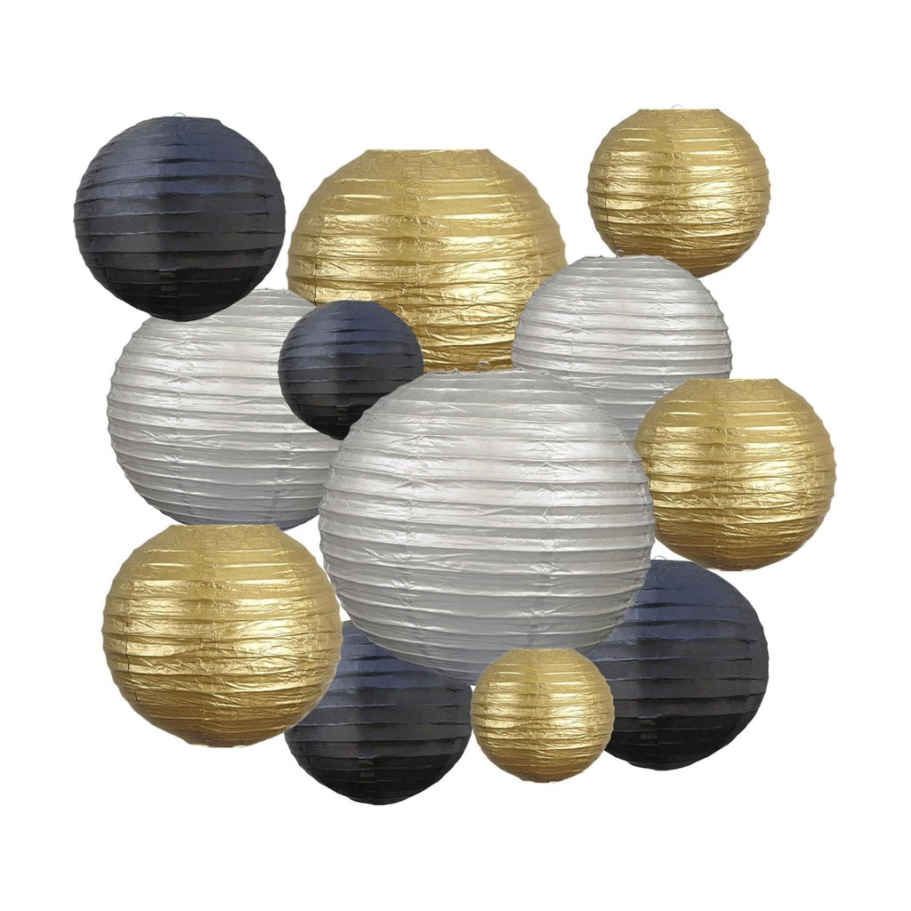 18Pcs Black Gold Silver Paper Lanterns for Parties, 6” 8” 10” 12” Chinese Asian Hanging Round Paper Lanterns for Birthday Wedding Graduation Home Decor Party Decor