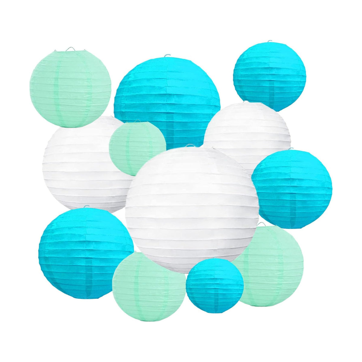 18Pcs Blue Light Blue White Paper Lanterns for Parties, 6” 8” 10” 12” Chinese Asian Hanging Round Paper Lanterns for Birthday Wedding Halloween Christmas Home Decor Party Decor