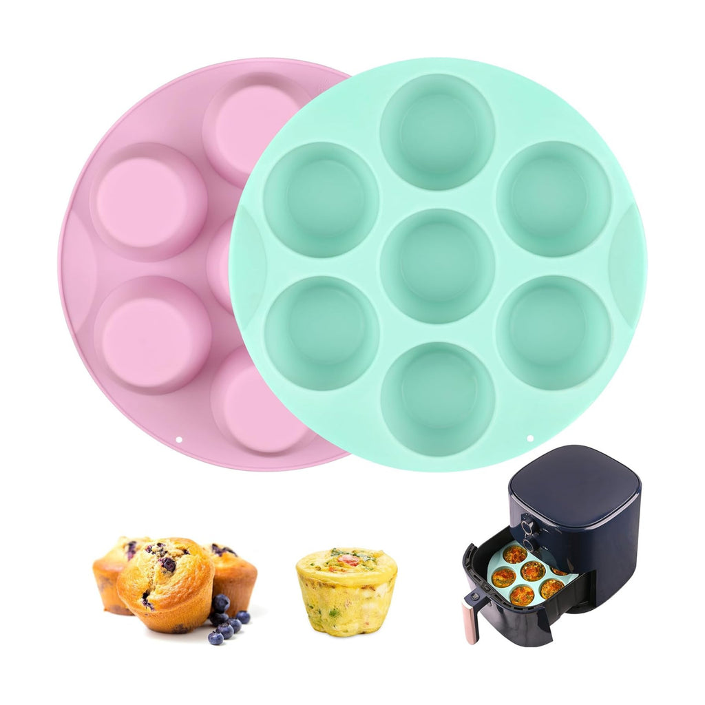 Sakolla 2 Pack Silicone Egg Bite Molds for Air Fryer, Nonstick 7 Cups Air Fryer Muffin Pan for Baking Egg Bite, Mini Muffins, Tart, Mini Cupcake and Quiche (Pink + Green)