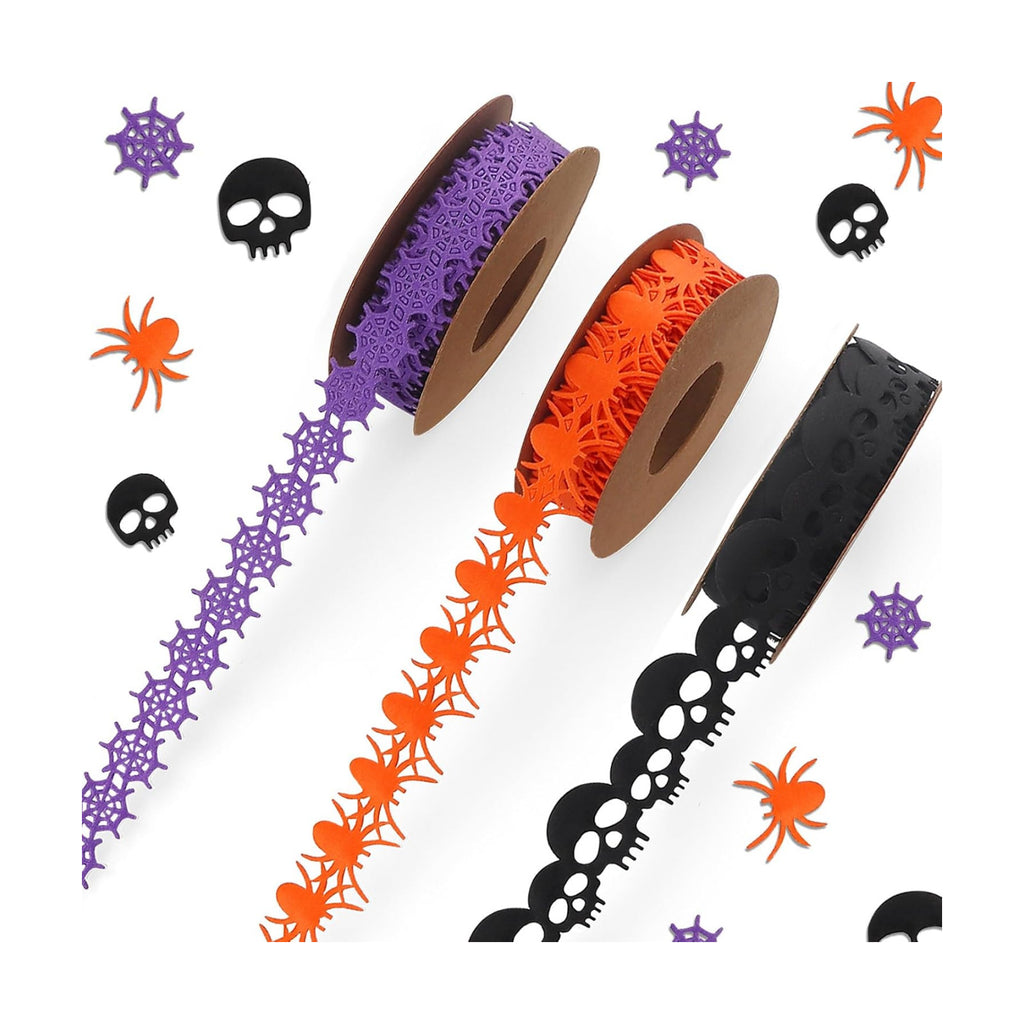 Threetols 3 Rolls 15 Yards Halloween Ribbons, Black Purple Orange Skull Spider Web Shape Craft Trim Embellishment for Gift Wrapping Party Decoration
