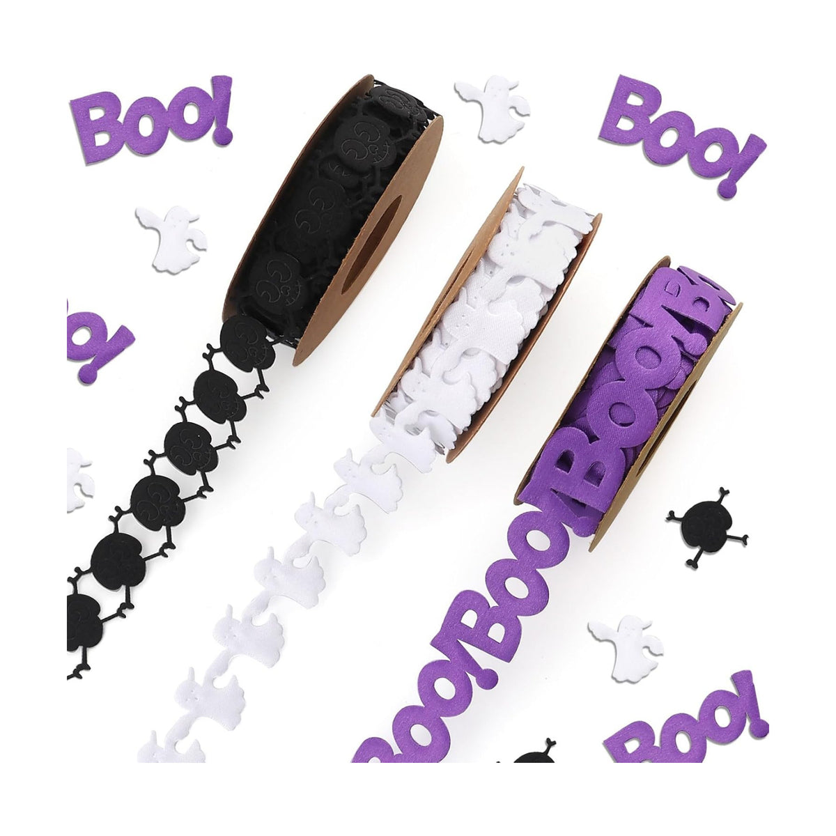 Threetols 3 Rolls 15 Yards Halloween Ribbons, Black Purple White Ghost Boo Skull Shape Craft Trim Embellishment for Gift Wrapping Party Decoration