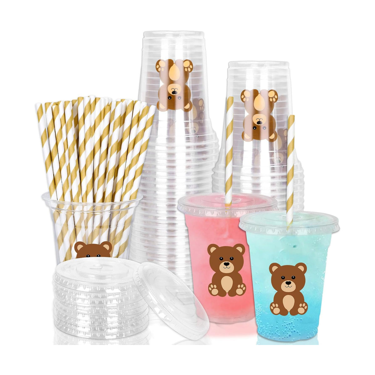 Whaline 50 Pcs Bear Disposable Plastic Cups with Lids and Straws 12 Oz Cute Brown Bear Cold Beverage Drinking Cups for Baby Shower Birthday Party Supplies