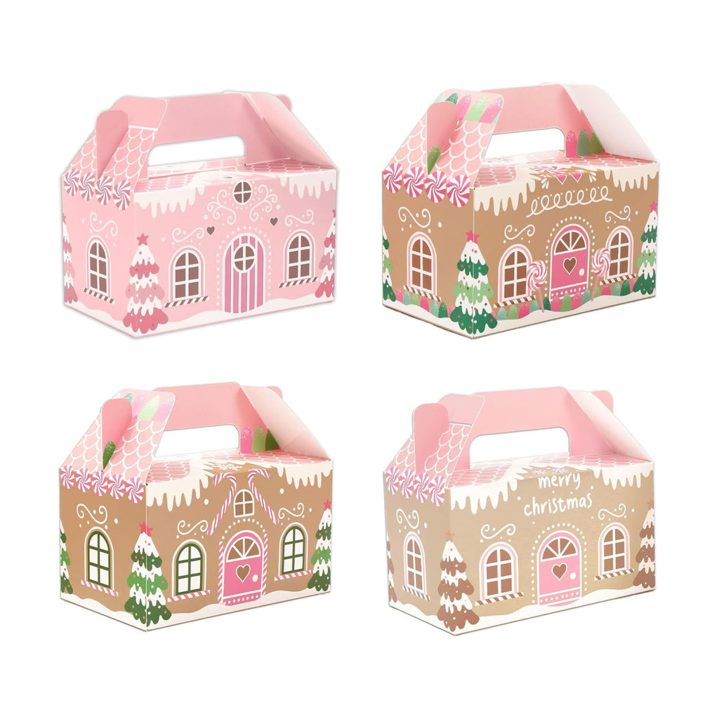 Whaline 24Pcs Christmas Treat Boxes with Handles Pink Gingerbread House Goodie Candy Bags Xmas Gable Paper Gift Containers for Cookie Snack Present Party Favor Supplies, 4 Designs