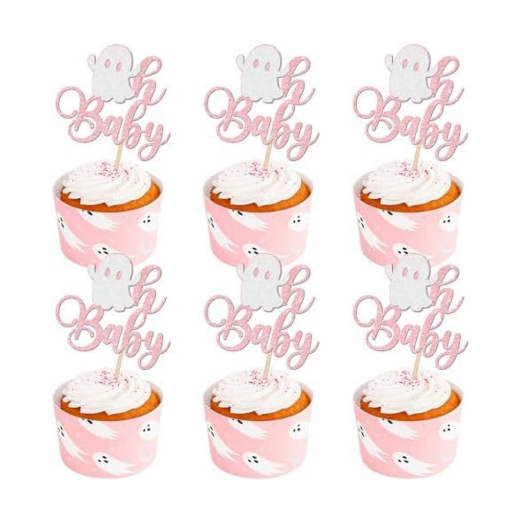 24 PCS Halloween Ghost Oh Baby Cupcake Toppers Glitter Halloween Baby Shower Cupcake Picks Little Boo Cupcake Topper for Halloween Baby Shower Birthday Party Cake Decorations Supplies Light Pink