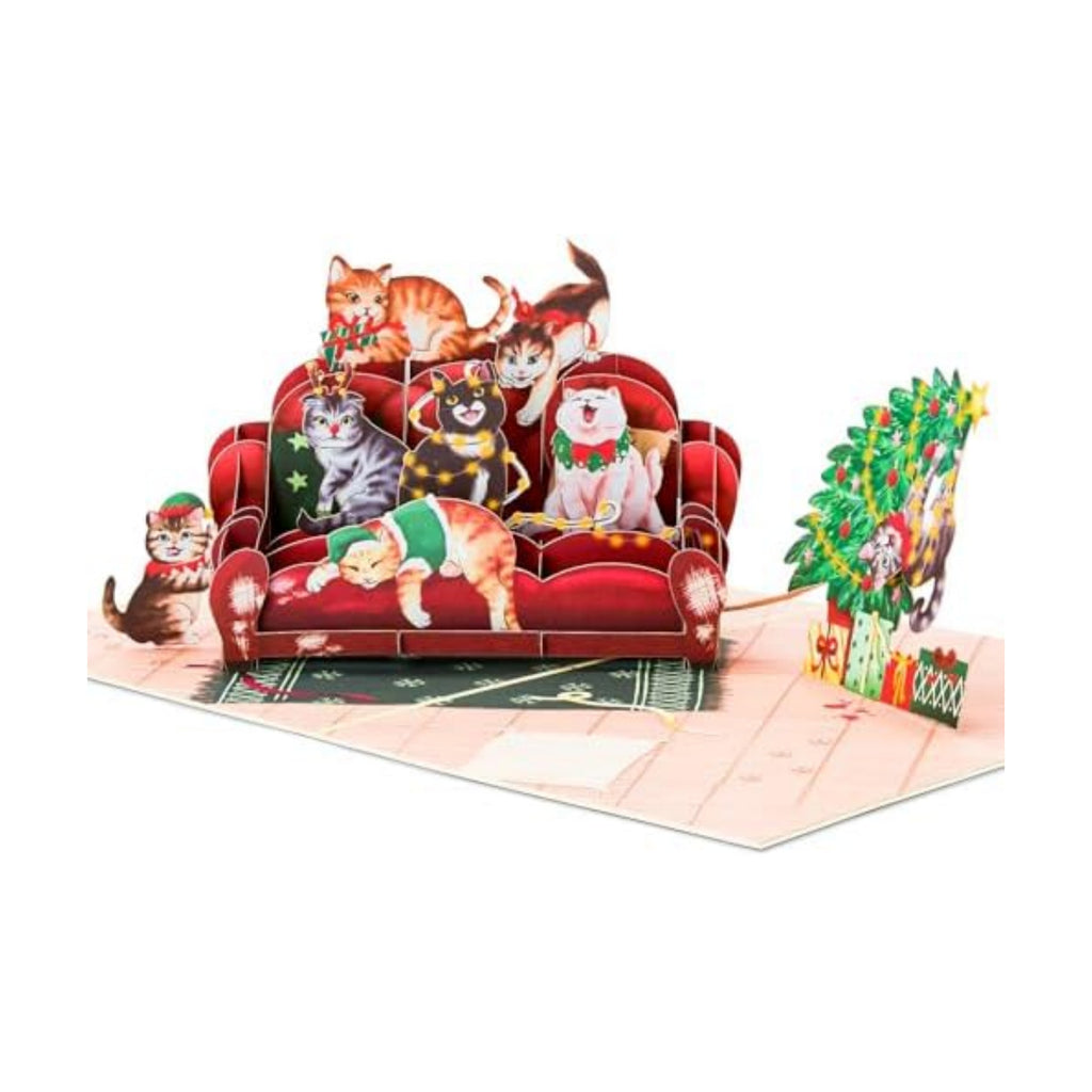 POPWOW Christmas Sofa Cats Pop Up Card, Meowy Christmas, Xmas Tree, 3D Greeting Card, Gift for Cat Person, Kid, Boy, Girl, Sister, Brother, 5x7 - Includes Envelope And Message Note