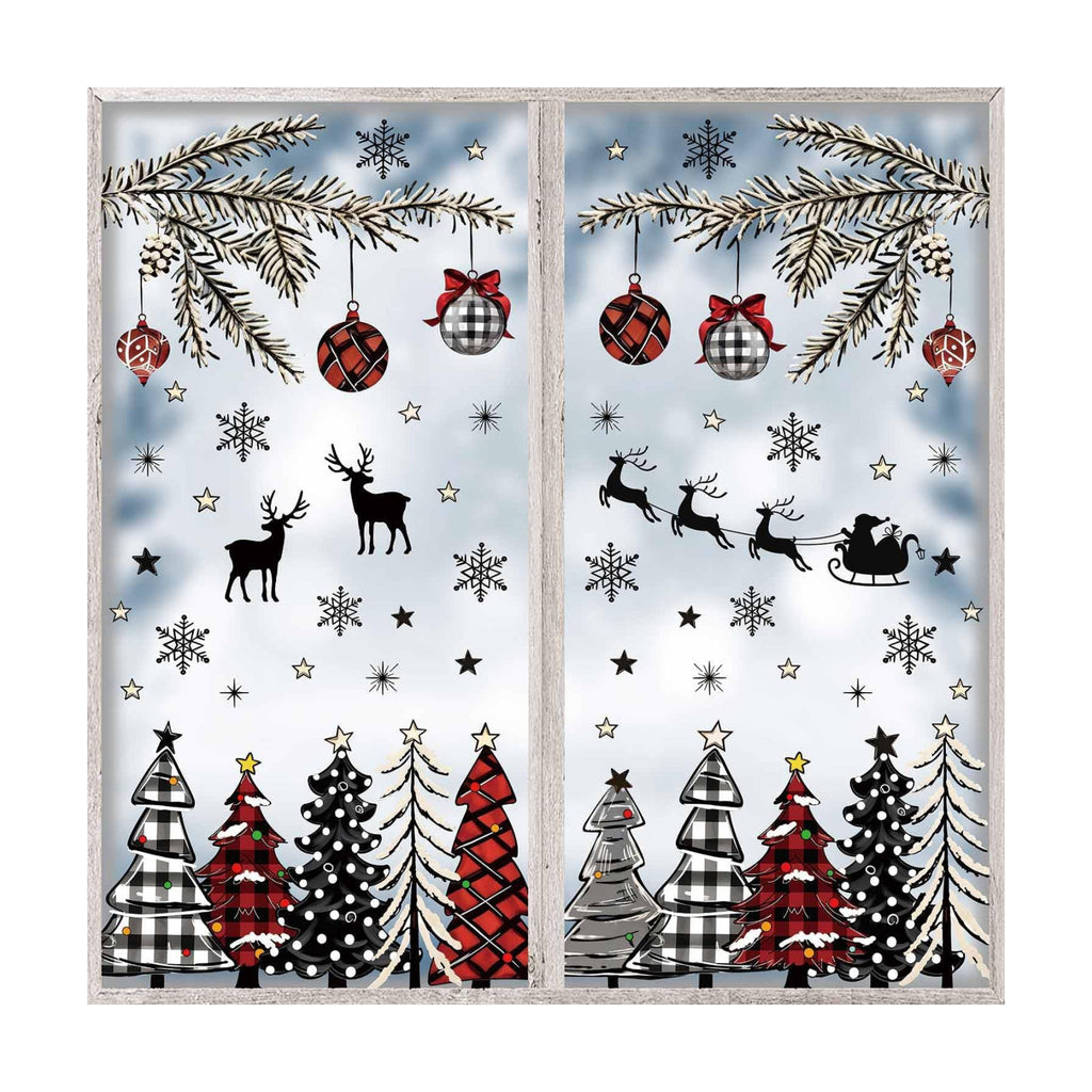 MEHOFOND Winter Christmas Window Cling Sticker 8 Sheet, Black Red Plaid Christmas Tree Snow for Xmas Holidays Home Party Supplies Shop Window Glass Display Decoration