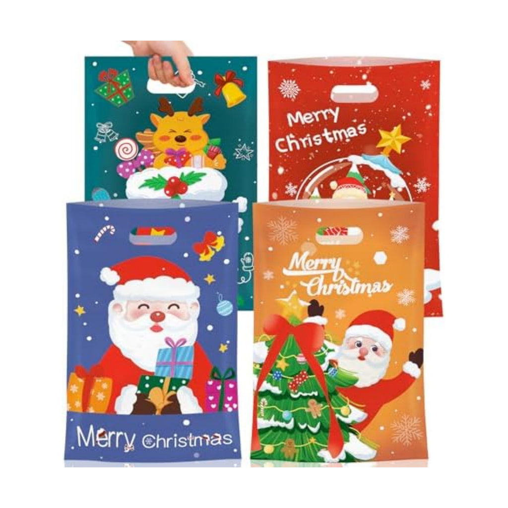 Litmitfu 50 Pcs Christmas Gift Bags with Handles, Plastic Merry Christmas Goodie Bags Bulk, Winter Candy Treat Tote Goody Cookie Party Favor Bag for Xmas Holiday Party Favors Supplies, 4 Styles
