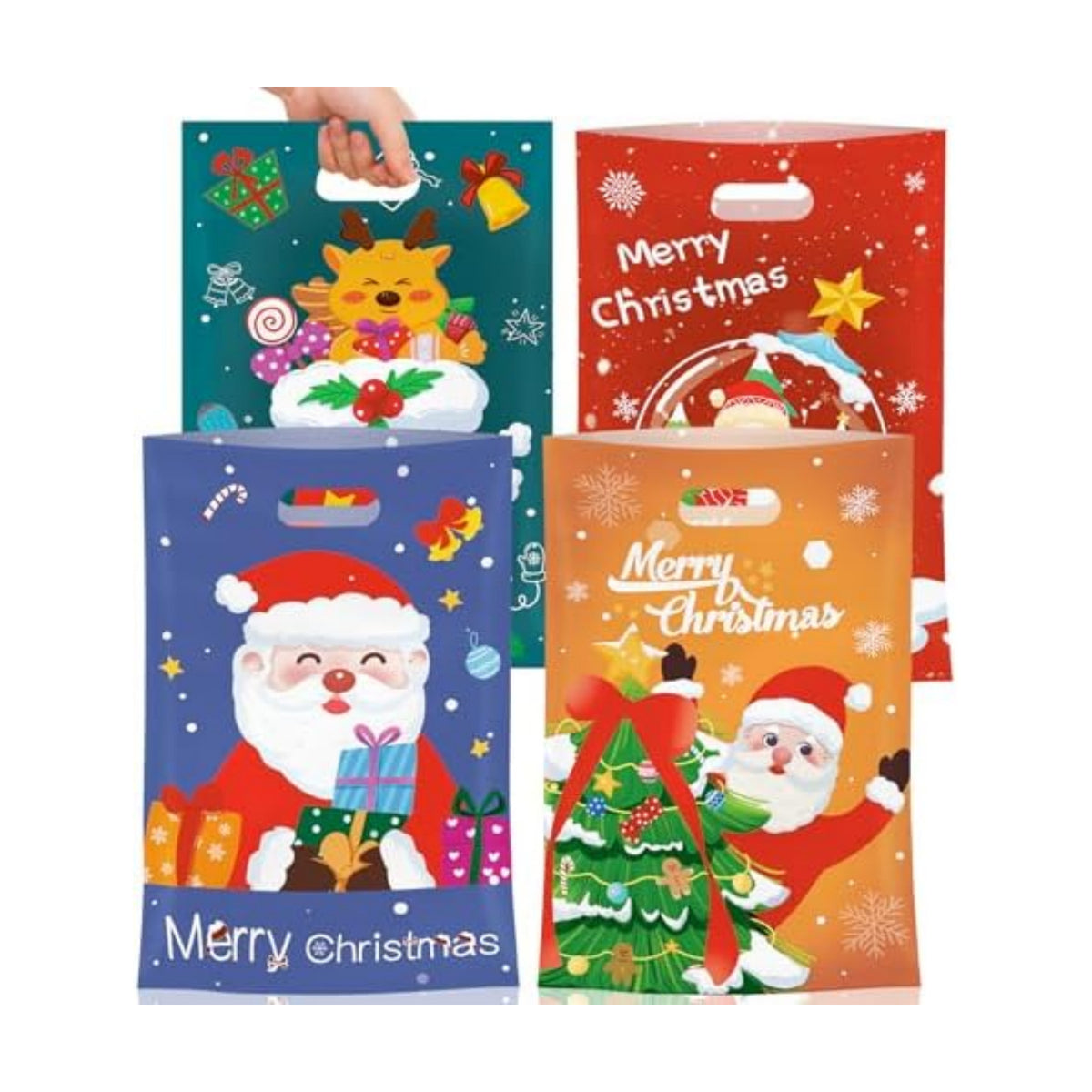 Litmitfu 50 Pcs Christmas Gift Bags with Handles, Plastic Merry Christmas Goodie Bags Bulk, Winter Candy Treat Tote Goody Cookie Party Favor Bag for Xmas Holiday Party Favors Supplies, 4 Styles