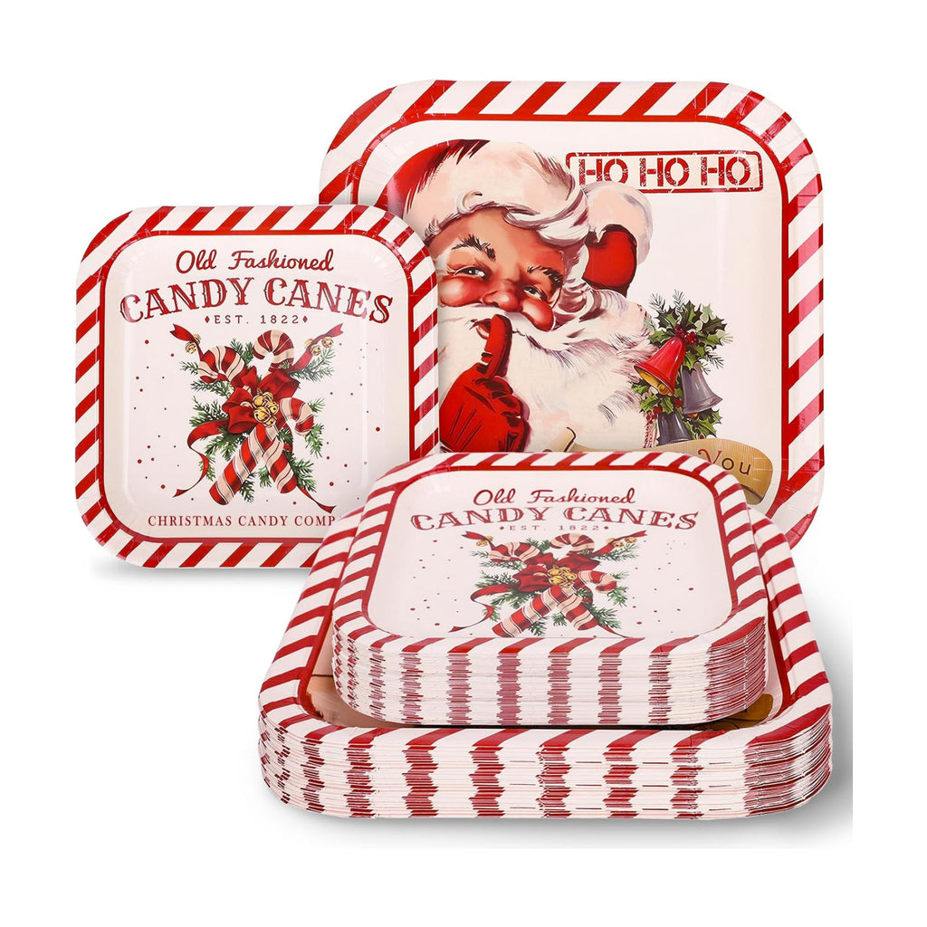 Whaline 40Pcs Christmas Vintage Tableware Set Santa Candy Cane Stripe Paper Plates 7 & 9 Inch Retro Xmas Square Disposable Plates for Holiday Party Table Supplies