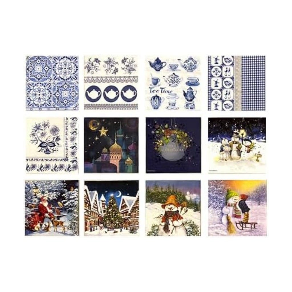 12 Styles 6.5 Assorted Blue Christmas Napkins for Decoupage - Elegant Winter Paper Napkins