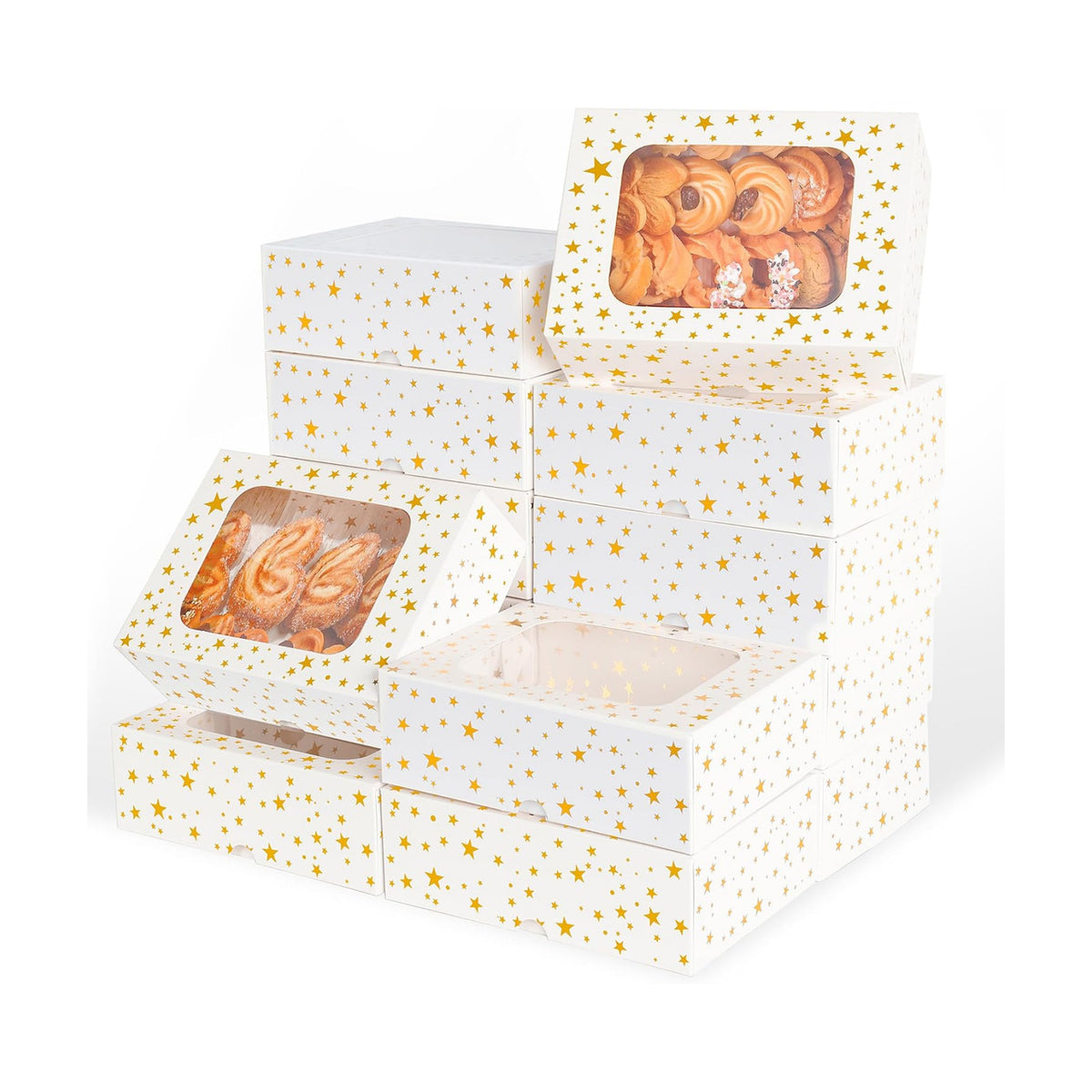 YEKTFS 12pcs Cookie Boxes with Window, 8.25x6x2.75in White Treat Boxes with Window Gold Foil Star Bakery Cake Boxes for Christmas Gift Giving Pastry Dessert Cupcakes Candy Donut Packaging