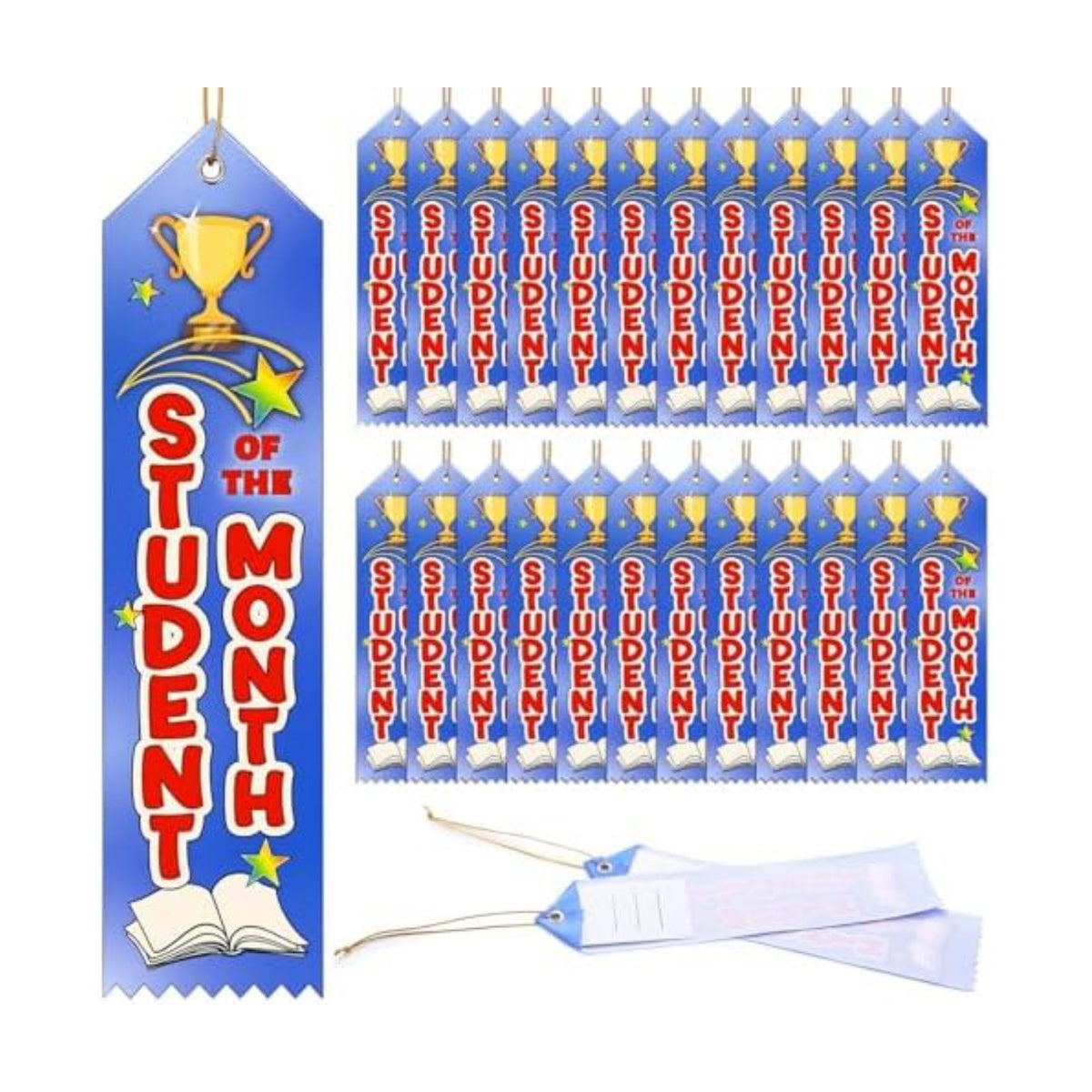 Wavwavw 100 Pcs Student of the Month Award Ribbons Bulk 8" x 2" Prizes Ribbons with Event Card and String Award Prize Gift for Tournaments Competitions Party Classroom Home Study Supplies