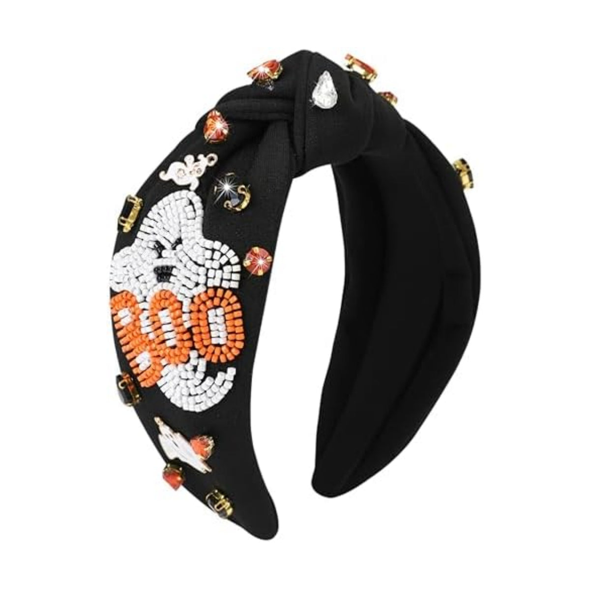 Halloween Boo Headband for Women Crystal Pearl Knotted Hairband Beaded Black Orange Wide Knot Headband for Girls Adult Halloween Spooky Ghost Accessories Outfits Gifts