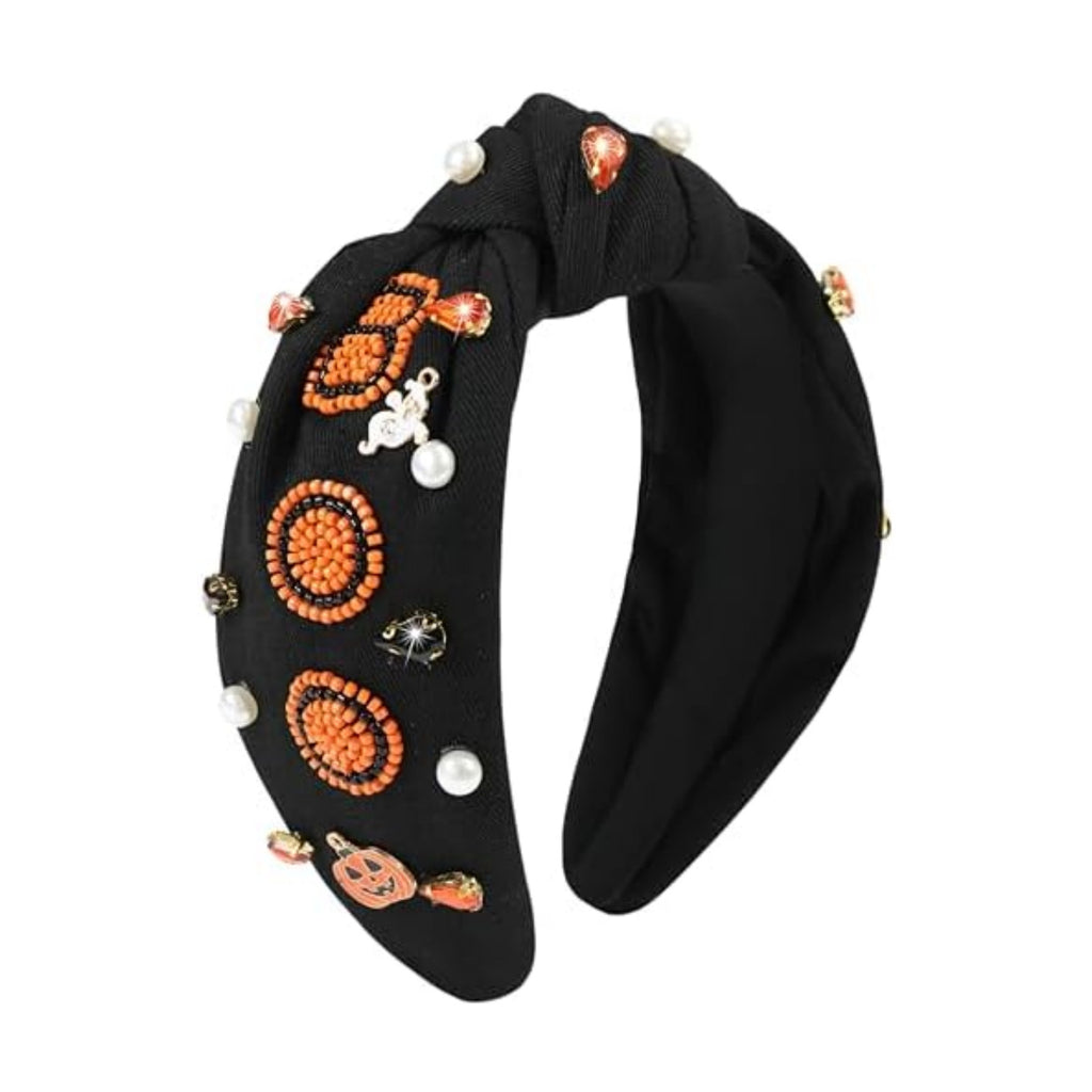 Halloween Boo Headband for Women Crystal Pearl Knotted Hairband Beaded Black Orange Wide Knot Headband for Girls Adult Halloween Pumpkin Ghost Accessories Outfits Gifts