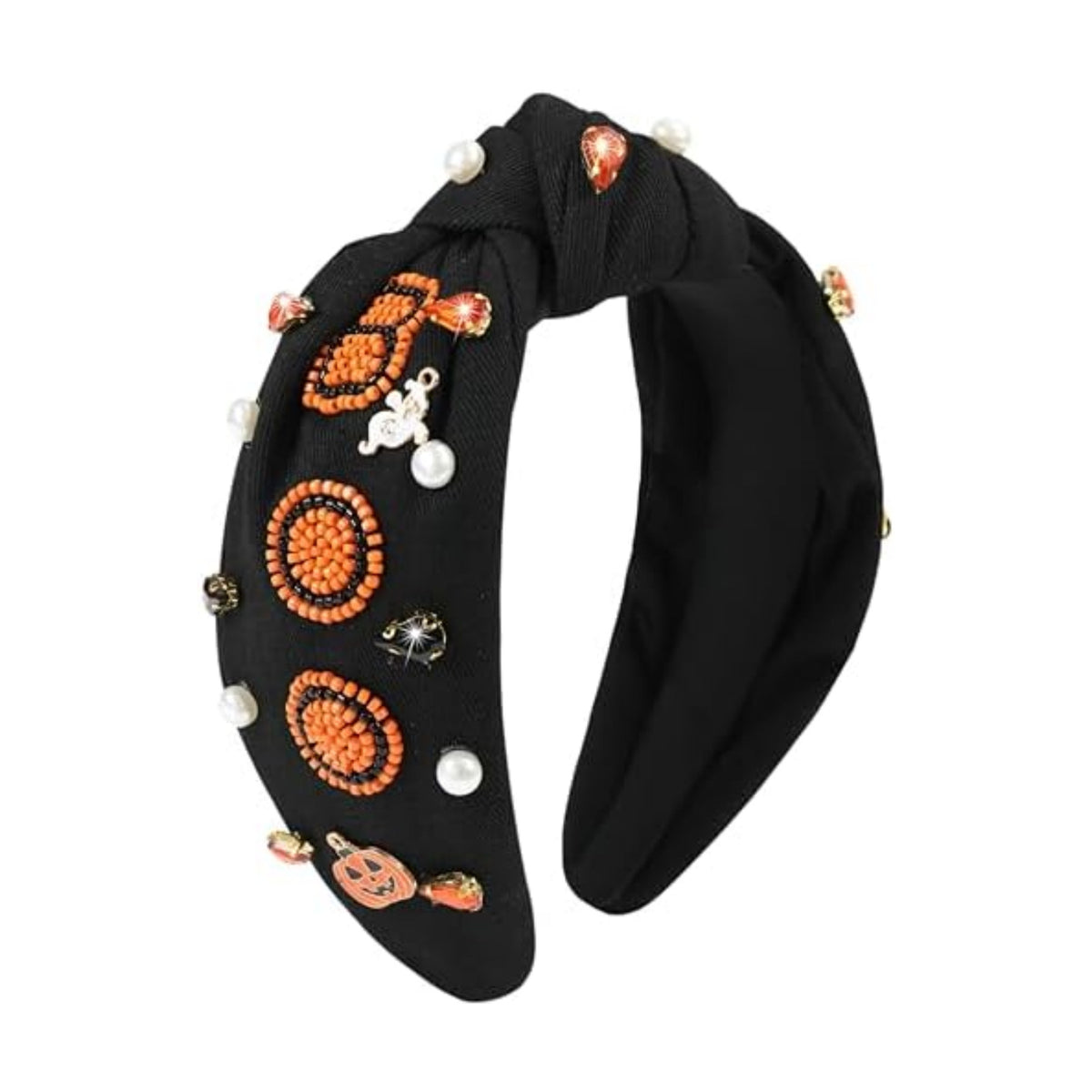 Halloween Boo Headband for Women Crystal Pearl Knotted Hairband Beaded Black Orange Wide Knot Headband for Girls Adult Halloween Pumpkin Ghost Accessories Outfits Gifts