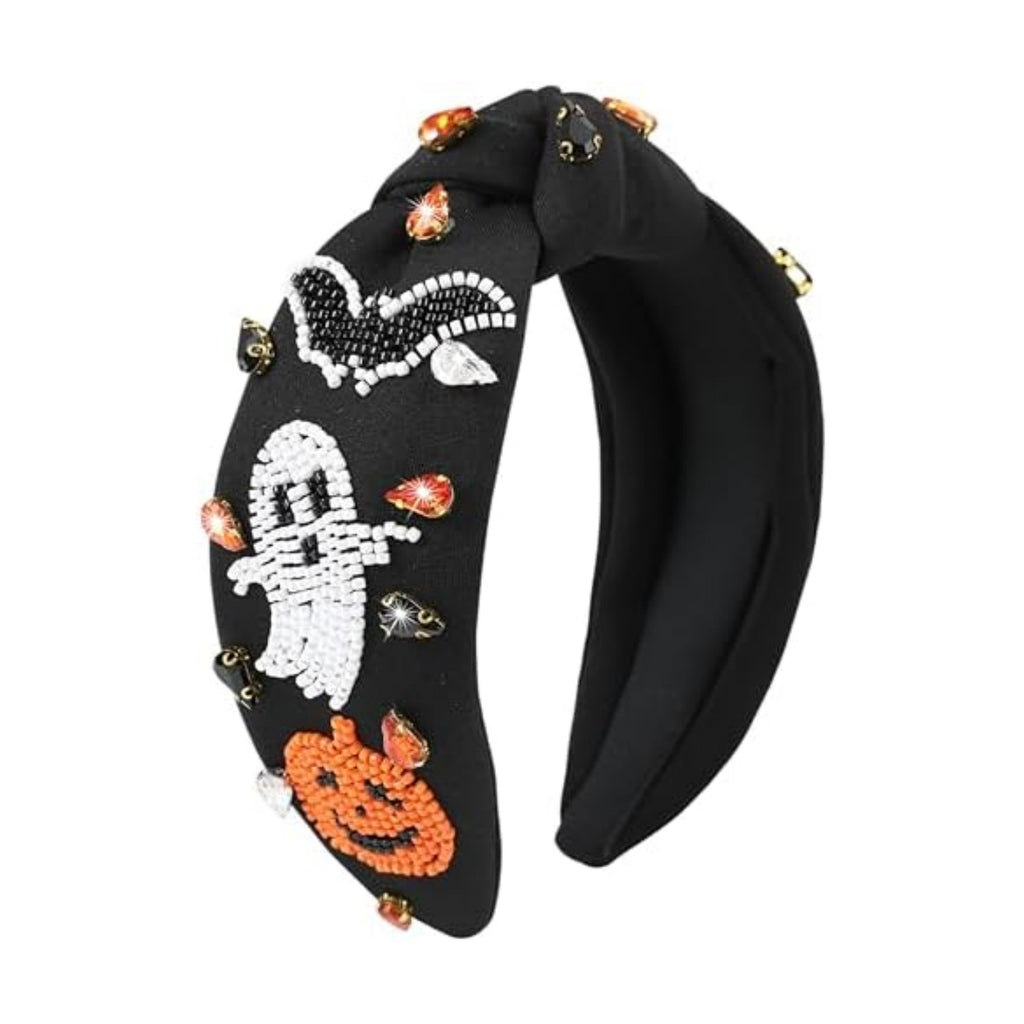 Halloween Jeweled Headbands for Women Beaded Pumpkin Ghost Bat Headband Sparkly Rhinestone Knotted Headband Cute Halloween Costume Headpiece Hair Accessories