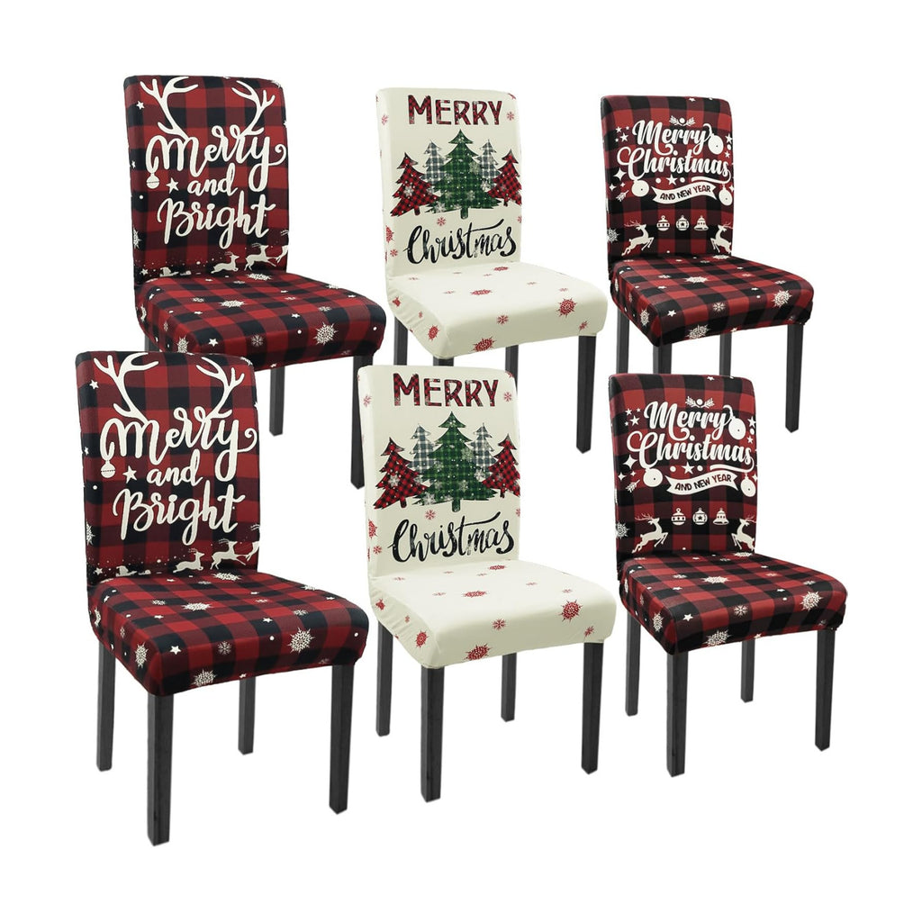 Christmas Chair Covers Set of 6 Xmas Tree Snowflakes Buffalo Plaid Stretch Parsons Chair Slipcovers for Winter Christmas Dining Room Decor Chair Seat Protectors(Christmas Red,6PCS)