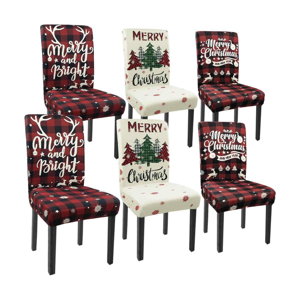 Christmas Chair Covers Set of 6 Xmas Tree Snowflakes Buffalo Plaid Stretch Parsons Chair Slipcovers for Winter Christmas Dining Room Decor Chair Seat Protectors(Christmas Red,6PCS)