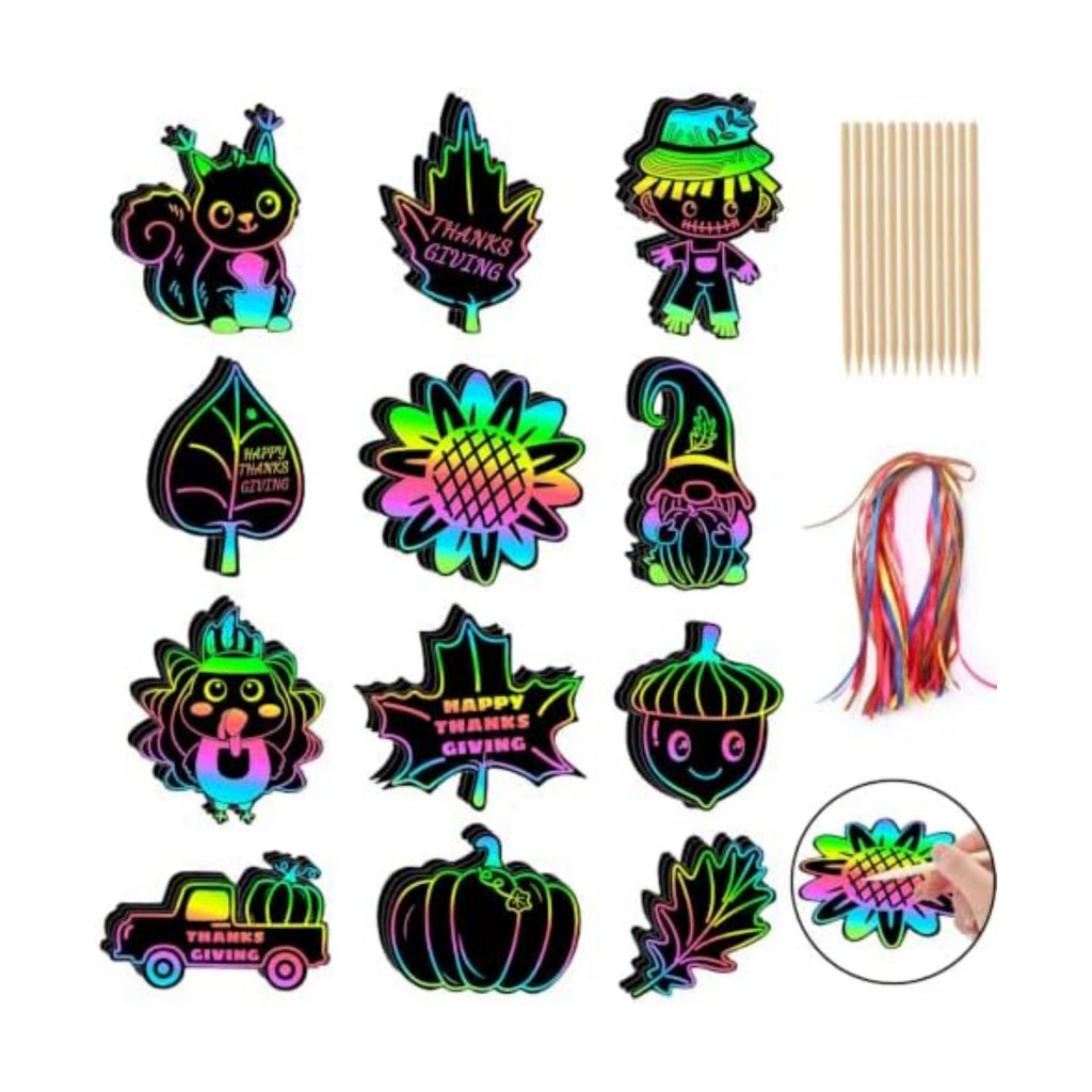 JULMELON 36Pcs Fall Thanksgiving Scratch Art for Kids, Magic Rainbow Paper