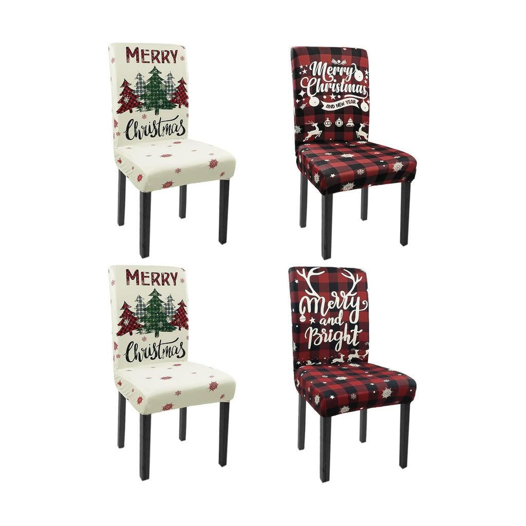 Christmas Chair Covers Set of 4 Xmas Tree Snowflakes Buffalo Plaid Stretch Parsons Chair Slipcovers for Winter Christmas Dining Room Decor Chair Seat Protectors(Christmas Red,4PCS)