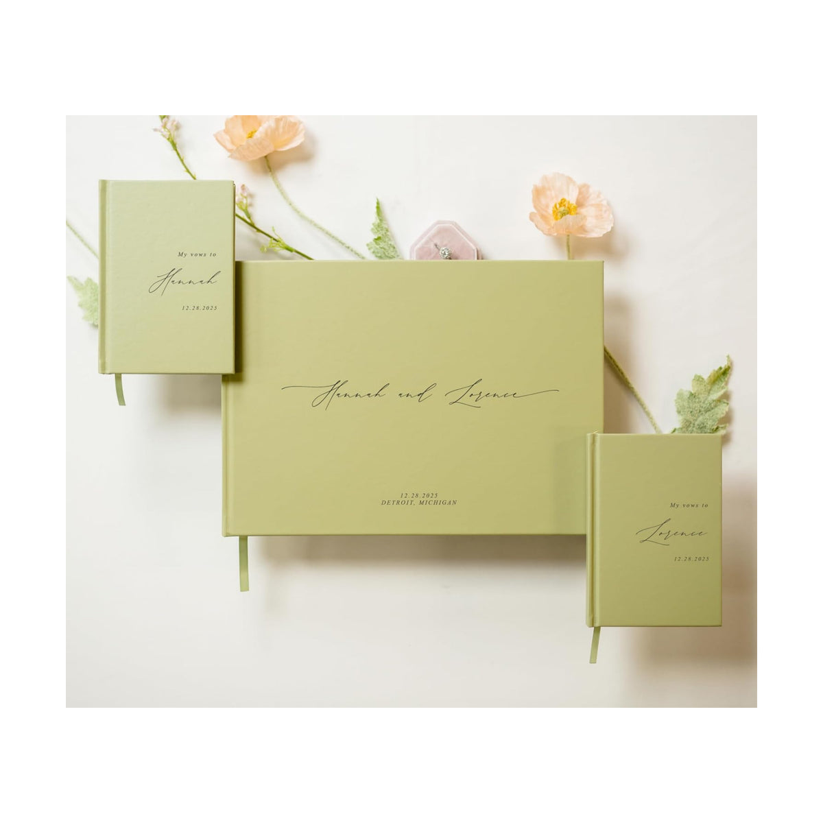 Personalized Wedding Book Set with Guestbook Vow Books (Design 1) - Custom Large 11.5 x 8.5 Guest Signin Book, 5.75 x 4 Vow Books for Marriage Ceremony Reception, Gift for Newly Engaged Couple, Sage