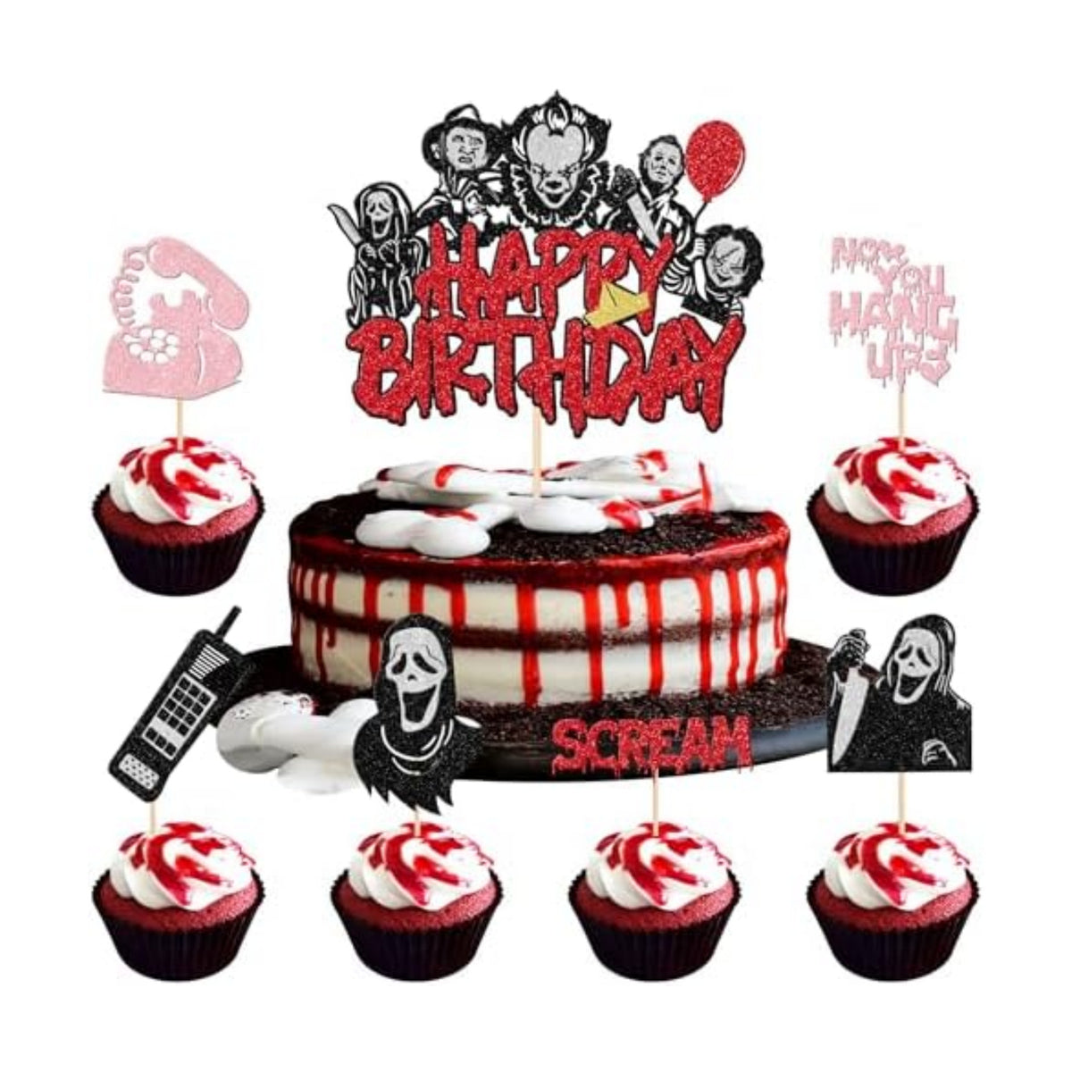 25 PCS Horror Movie Cupcake Toppers - Happy Birthday Cake Topper, Bloody Knife, Have a Killer Birthday Picks for Classic Movie Theme Halloween Party Cake Decorations Supplies