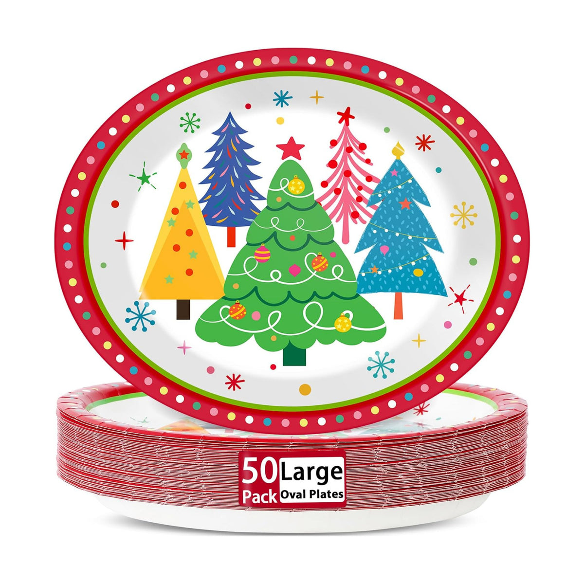 Lonfliness 50Pcs Colorful Christmas Tree Plates Disposable Paper Christmas Tree Party Decorations Supplies 11 Inch Oval Plate Platter Dish Tray, Xmas Holiday Tableware Dinnerware