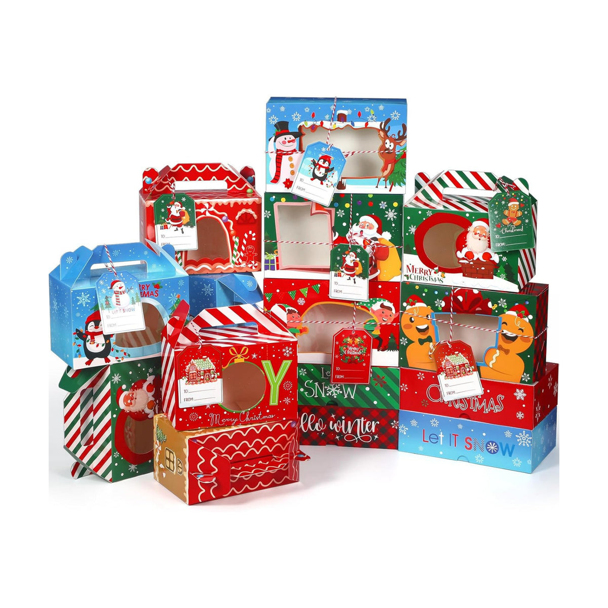 Cinnvoice 24 Pcs Christmas Cookie Boxes with Window Tags Strings,Joy