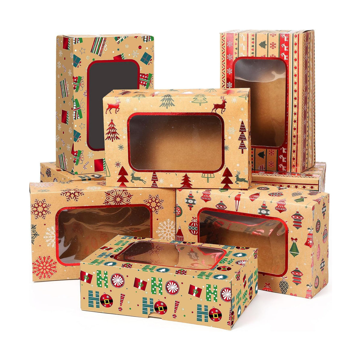 Cinnvoice 24 Pcs Christmas Cookie Boxes with Window Tags Strings,Classic