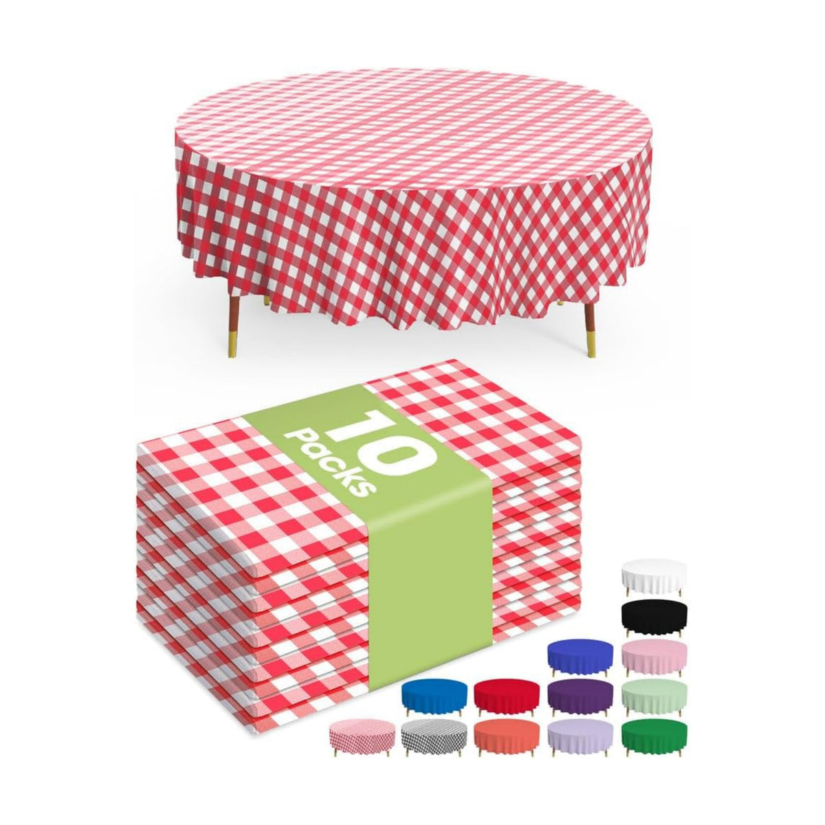 Pureegg Plastic Table Cloth Disposable 84 Inch Round 10 Pack, Red Plaid