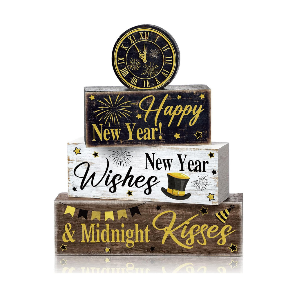 Moucuny 4 Pcs New Year Table Decorations, Happy New Year Wood Block Sign