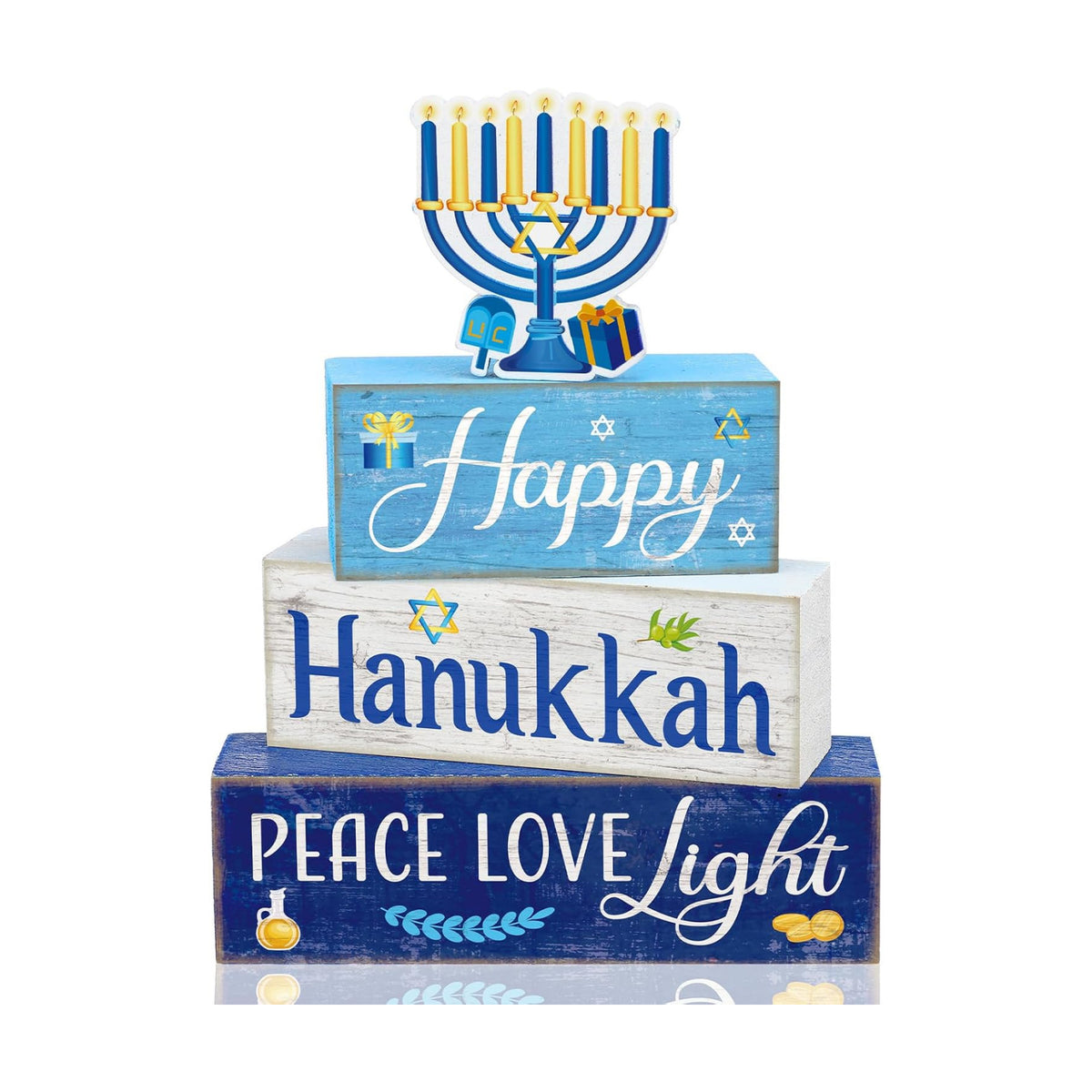 Moucuny 4 Pcs Hanukkah Table Decorations for Home, Wood Menorah Peace Sign