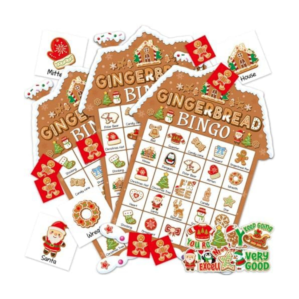 39Pcs Christmas Gingerbread Themed Bingo Game for Kids Adults 24 Players Christmas Baking Game Cards with Reward Stickers for Family Friends Students Large Group Activities Winter Holiday Party Favors