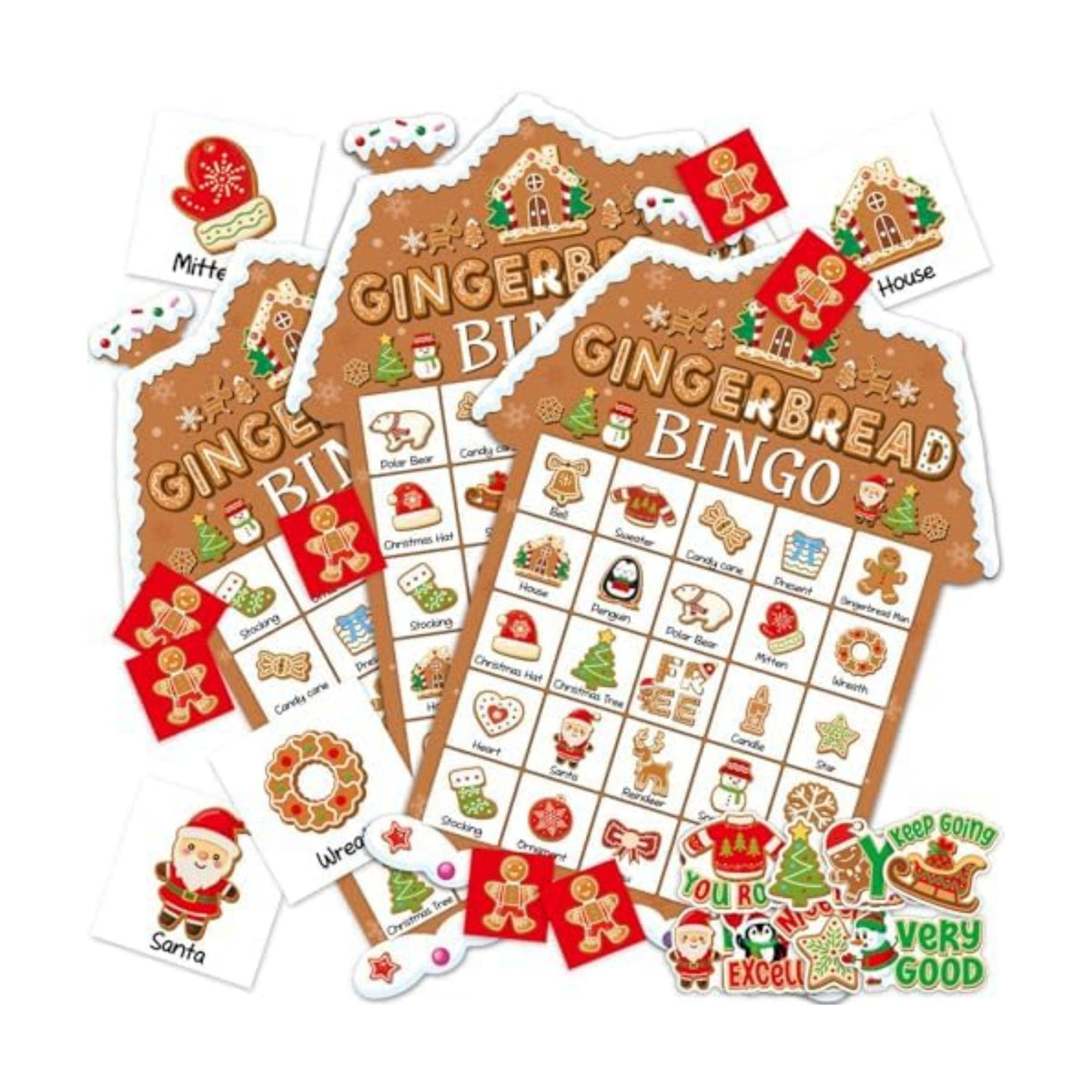 39Pcs Christmas Gingerbread Themed Bingo Game for Kids Adults 24 Players Christmas Baking Game Cards with Reward Stickers for Family Friends Students Large Group Activities Winter Holiday Party Favors