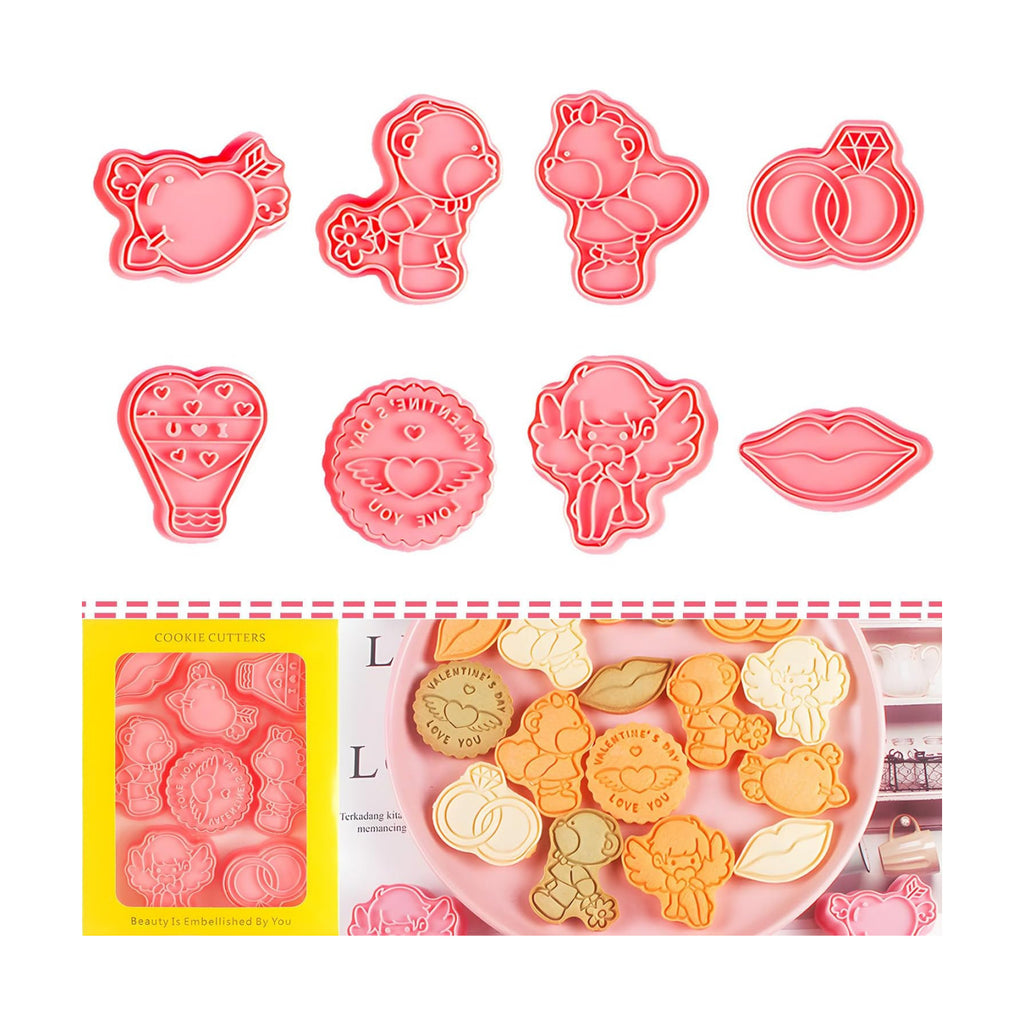 BESEK Valentine's Day Cookie Cutters: With Plunger Stamps Set, 8pcs 3D Embossing Cutters For Biscuit Fondant Cheese Baking Molds