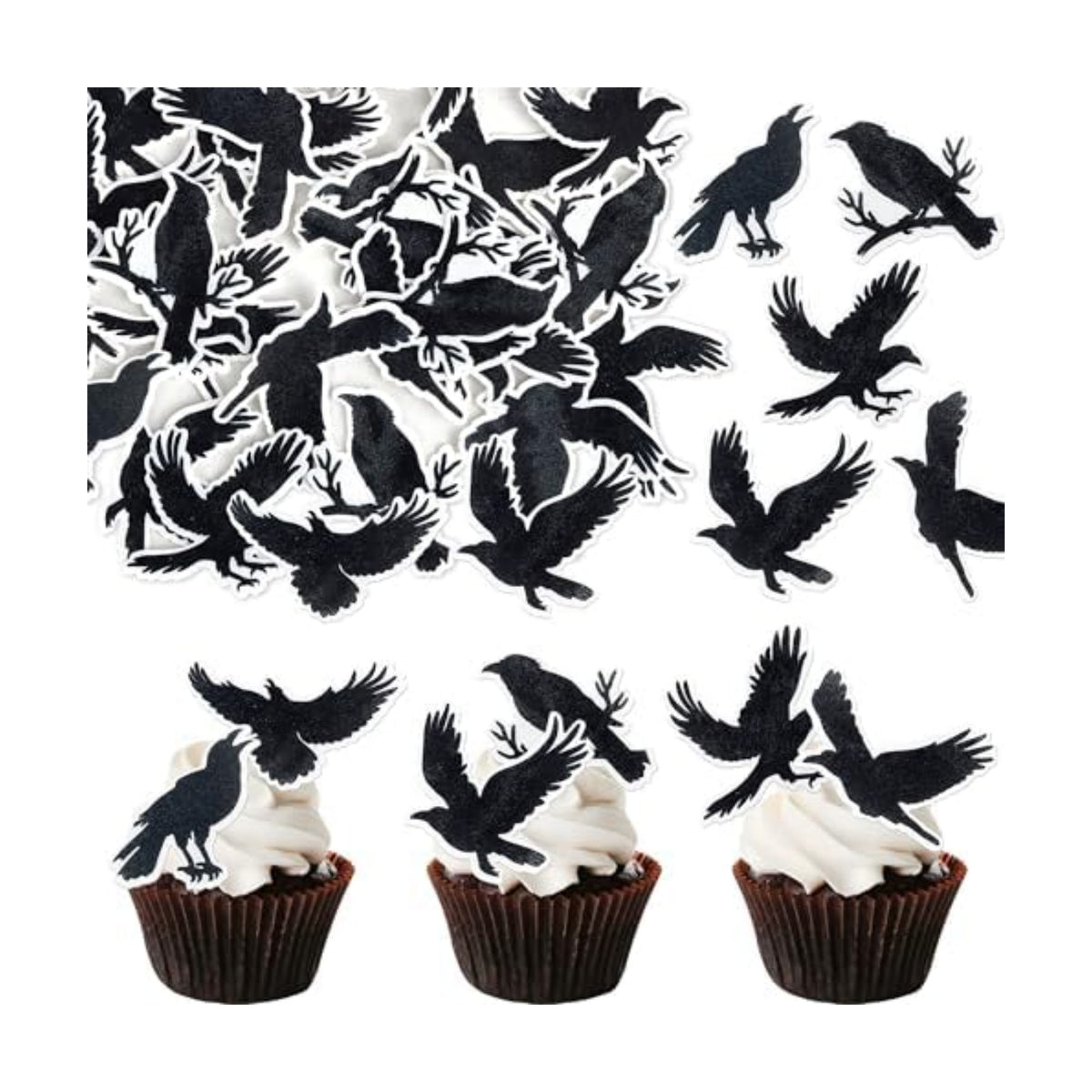 48 Pack Edible Crow Halloween Cupcake Toppers Edible Raven Halloween Water Paper Cupcake Picks Horror Crow Birthday Cake Decorations Party Supplies Black