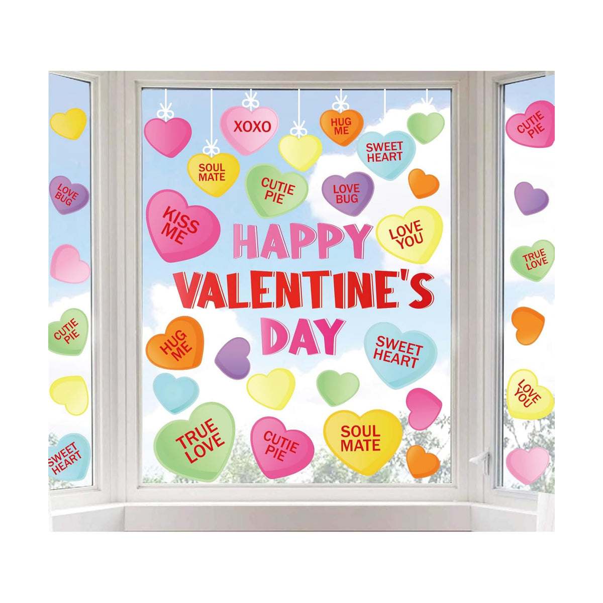 Whaline Happy Valentine's Day Window Clings Conversation Candy Heart Window Decals Double-Side Glass Decals for Home Party Supplies, 7.9 x 11.8 Inch, 9 Sheets