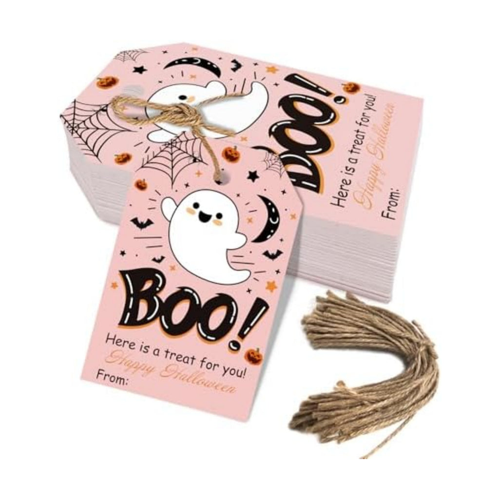 Aukolass 50Pcs Boo Gift Tags, Halloween Treat Tag (Pink Boo)
