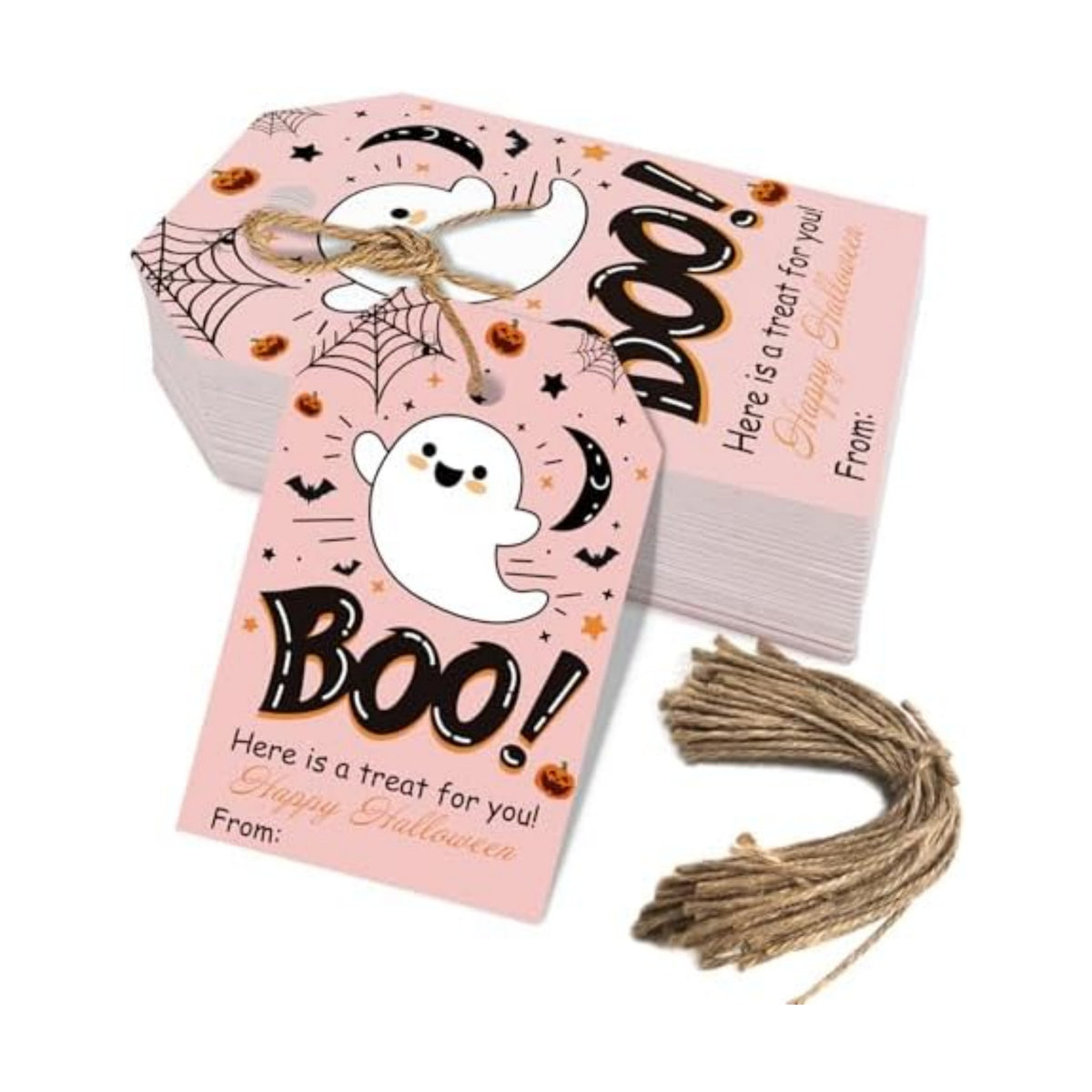 Aukolass 50Pcs Boo Gift Tags, Halloween Treat Tag (Pink Boo)